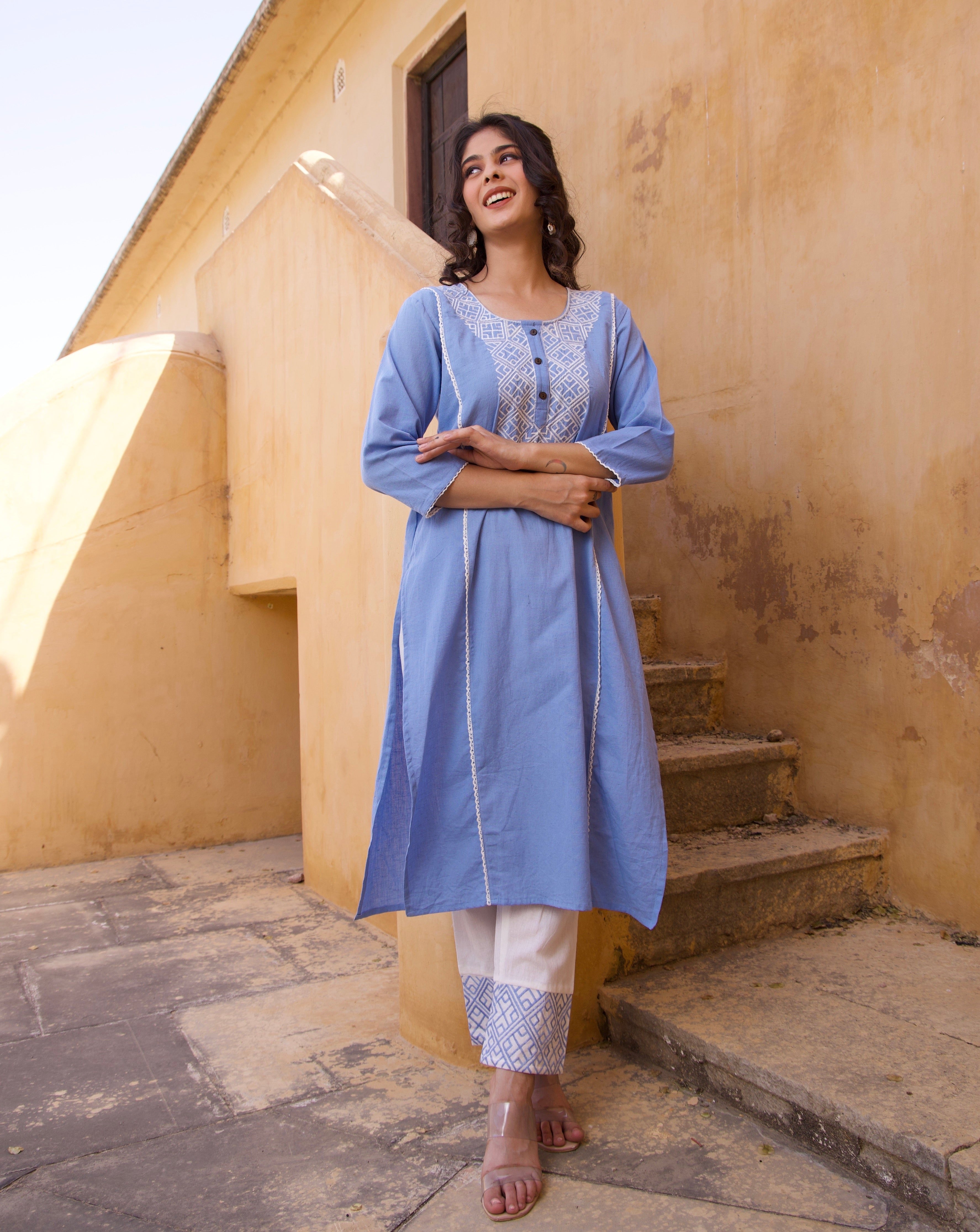 Sky Blue Cotton Summer Embroidered Kurta Set
