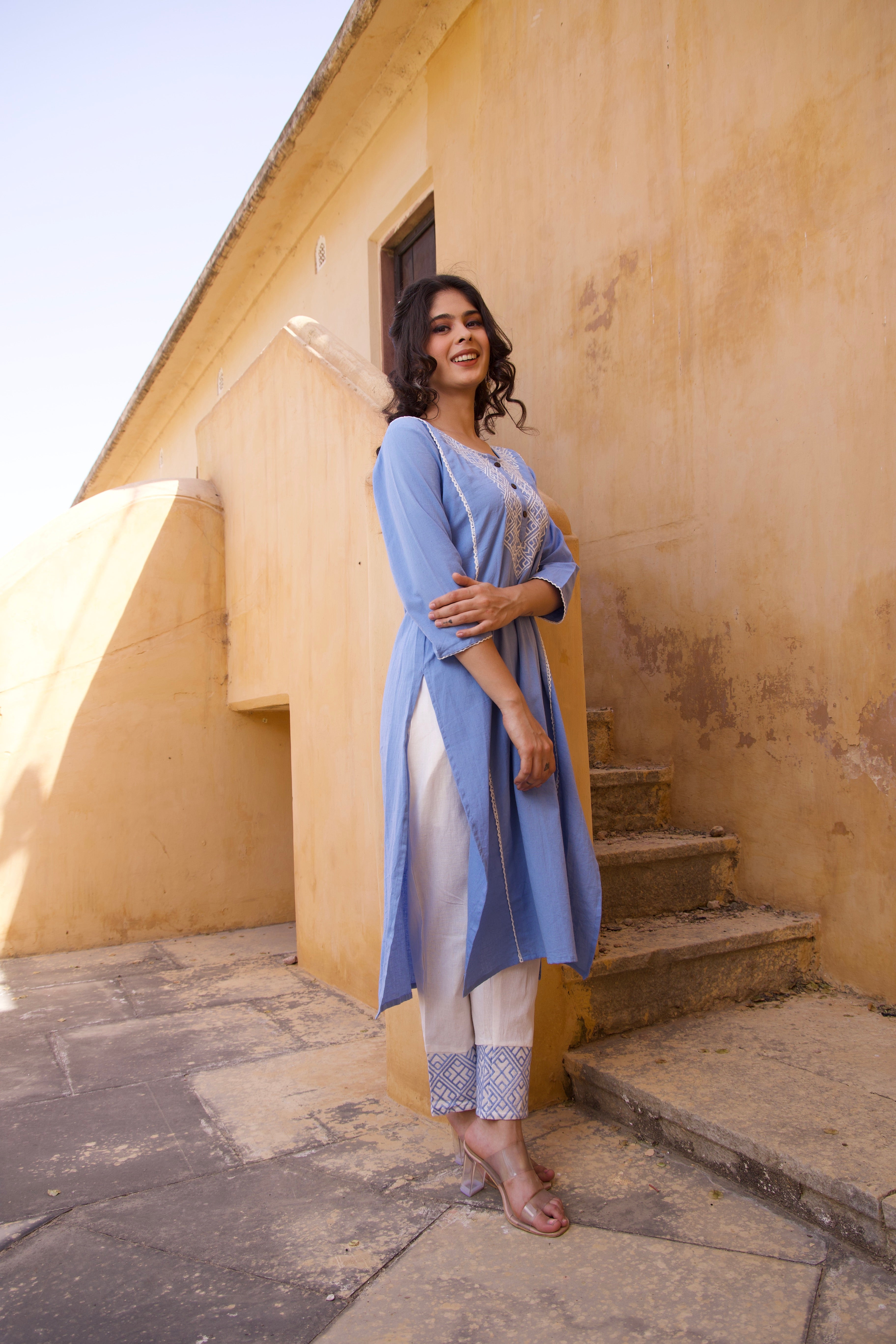 Sky Blue Cotton Summer Embroidered Kurta Set