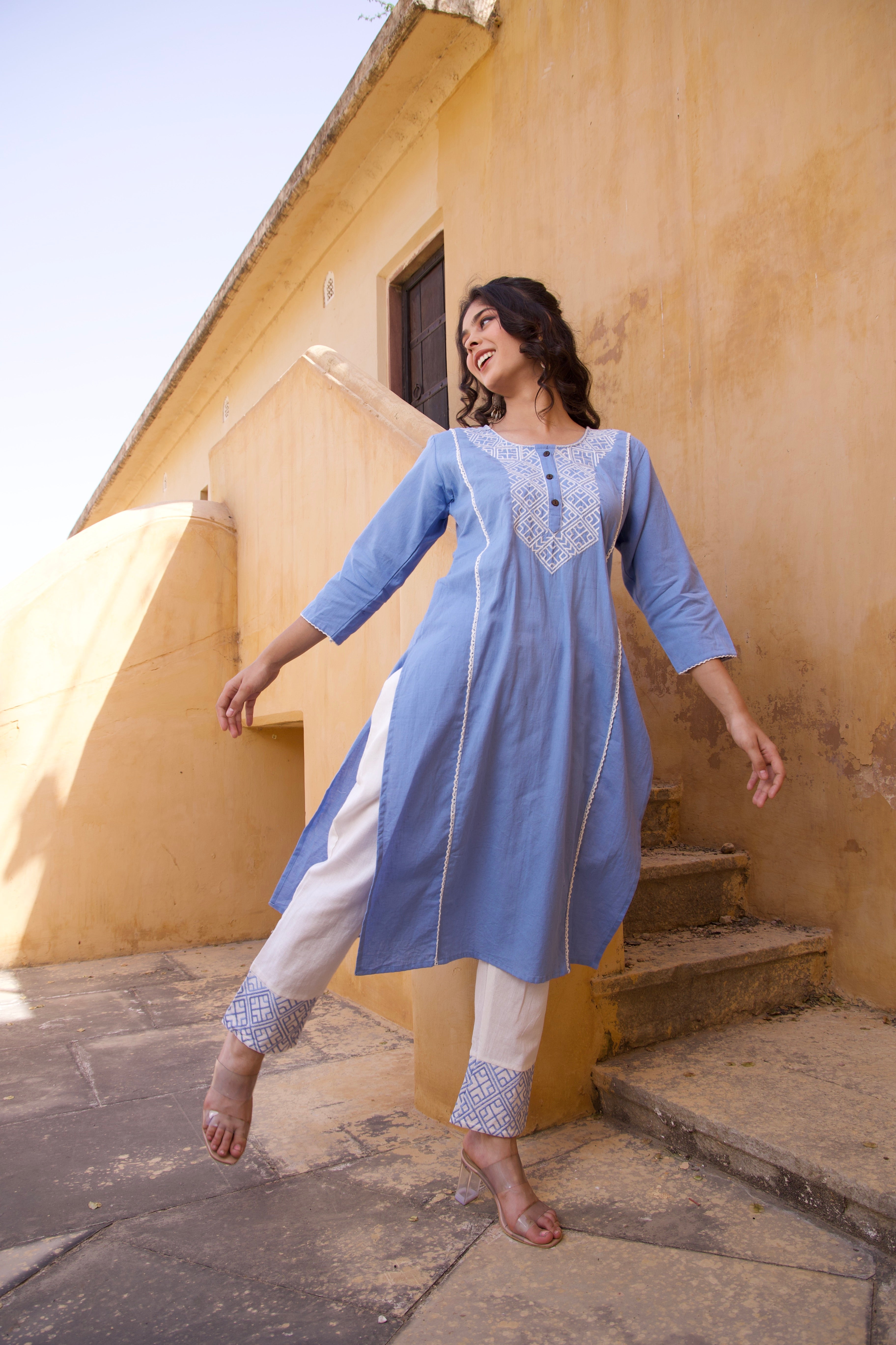 Sky Blue Cotton Summer Embroidered Kurta Set