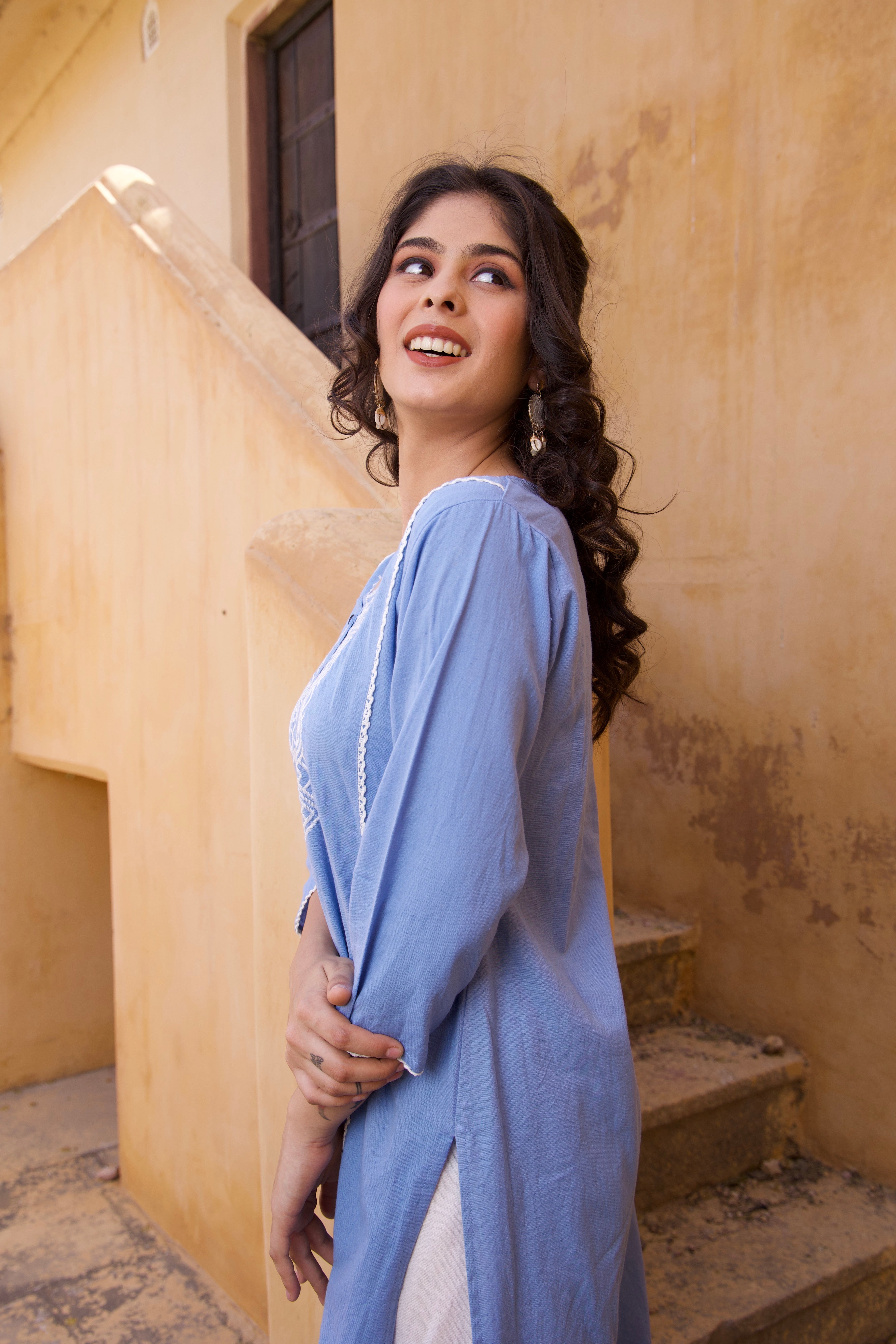Sky Blue Cotton Summer Embroidered Kurta Set
