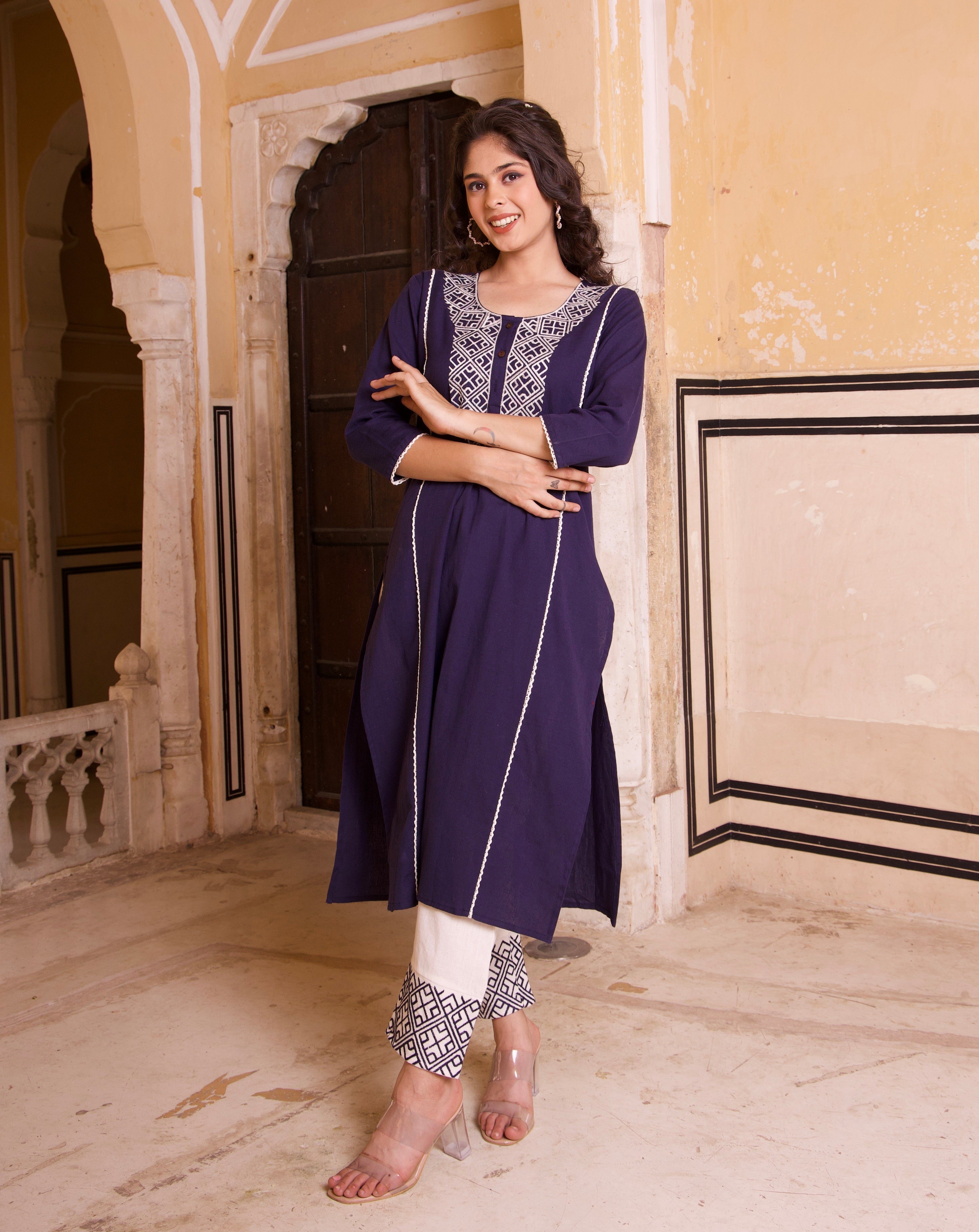 Navy Blue Cotton Summer Embroidered Kurta Set