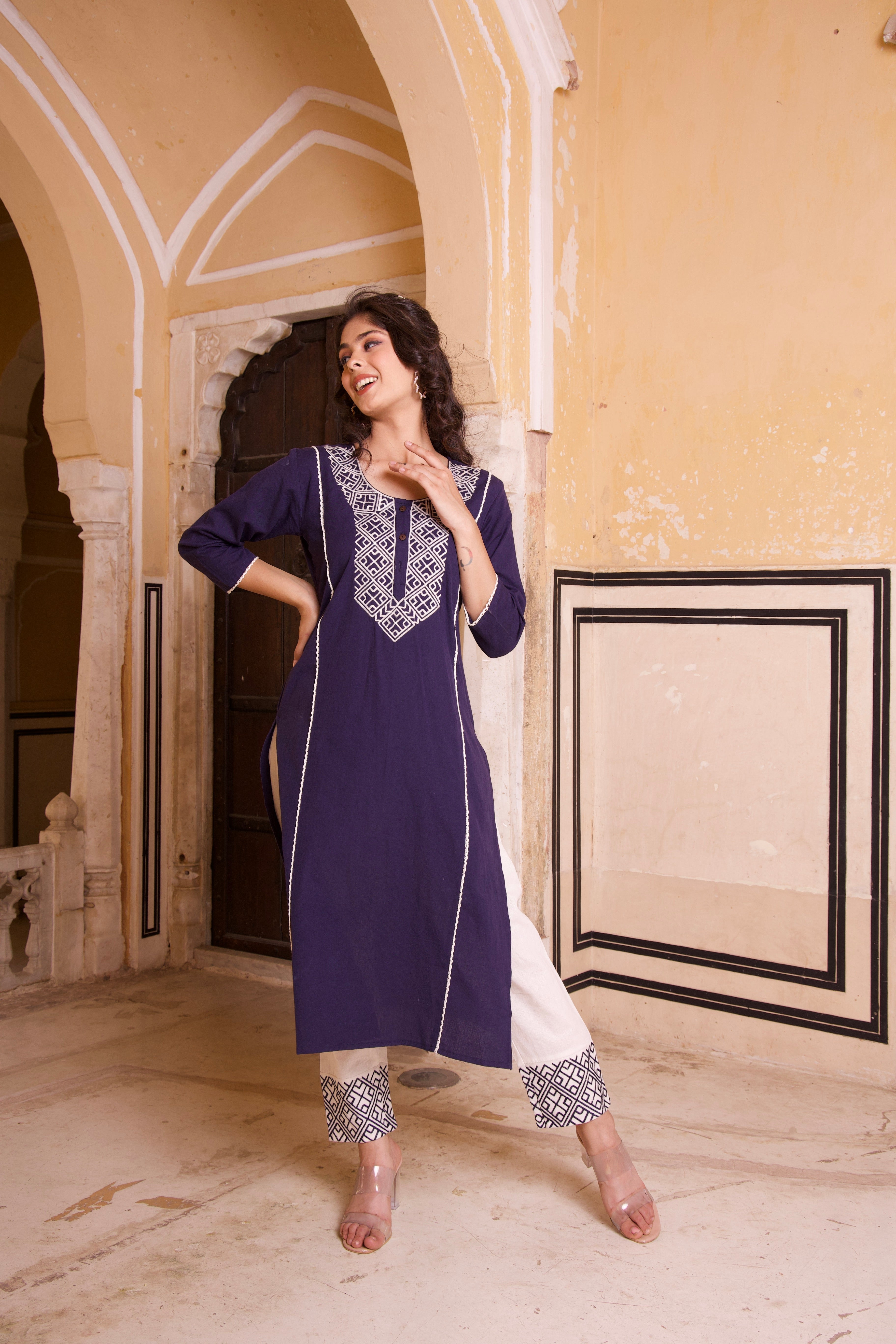 Navy Blue Cotton Summer Embroidered Kurta Set
