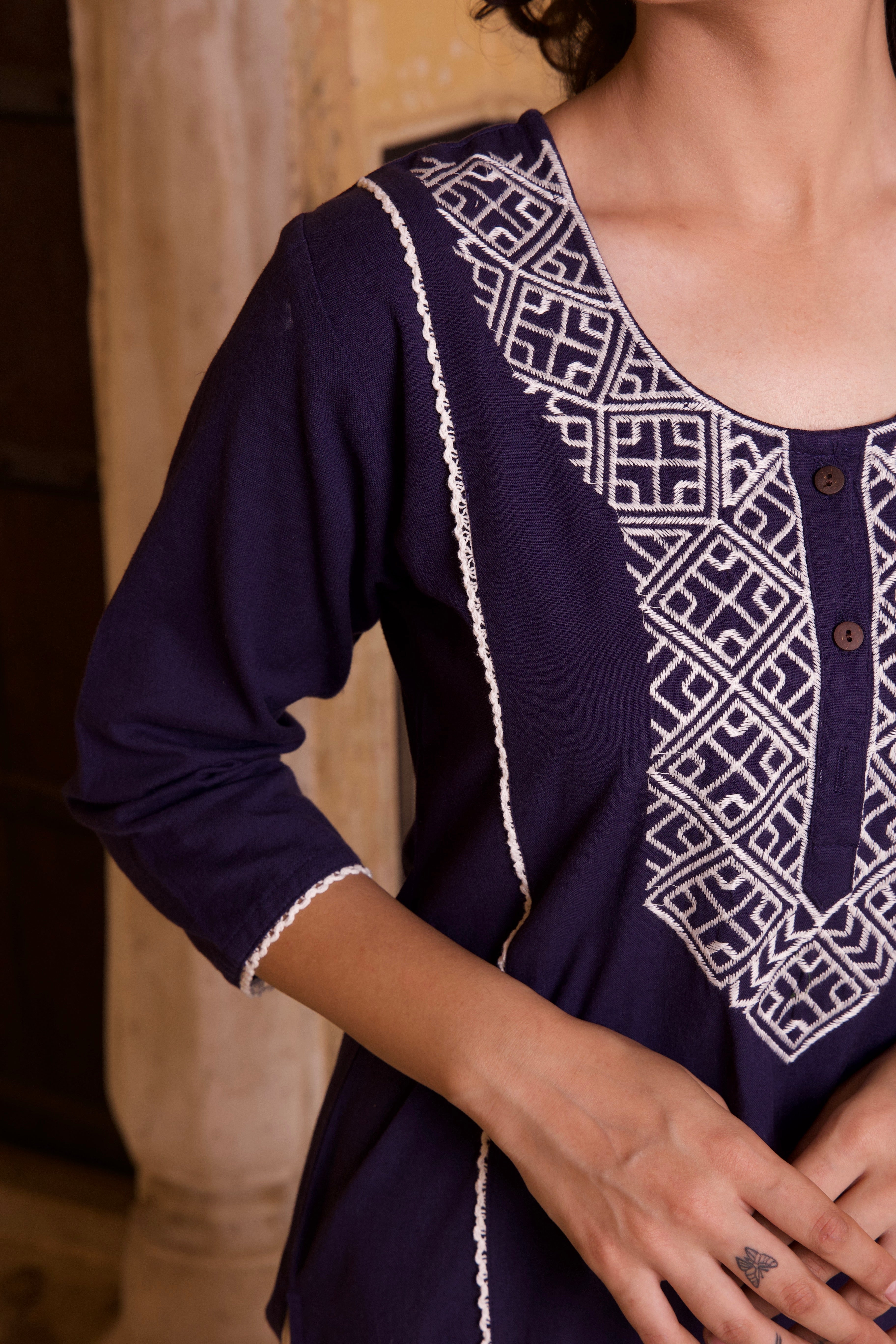 Navy Blue Cotton Summer Embroidered Kurta Set