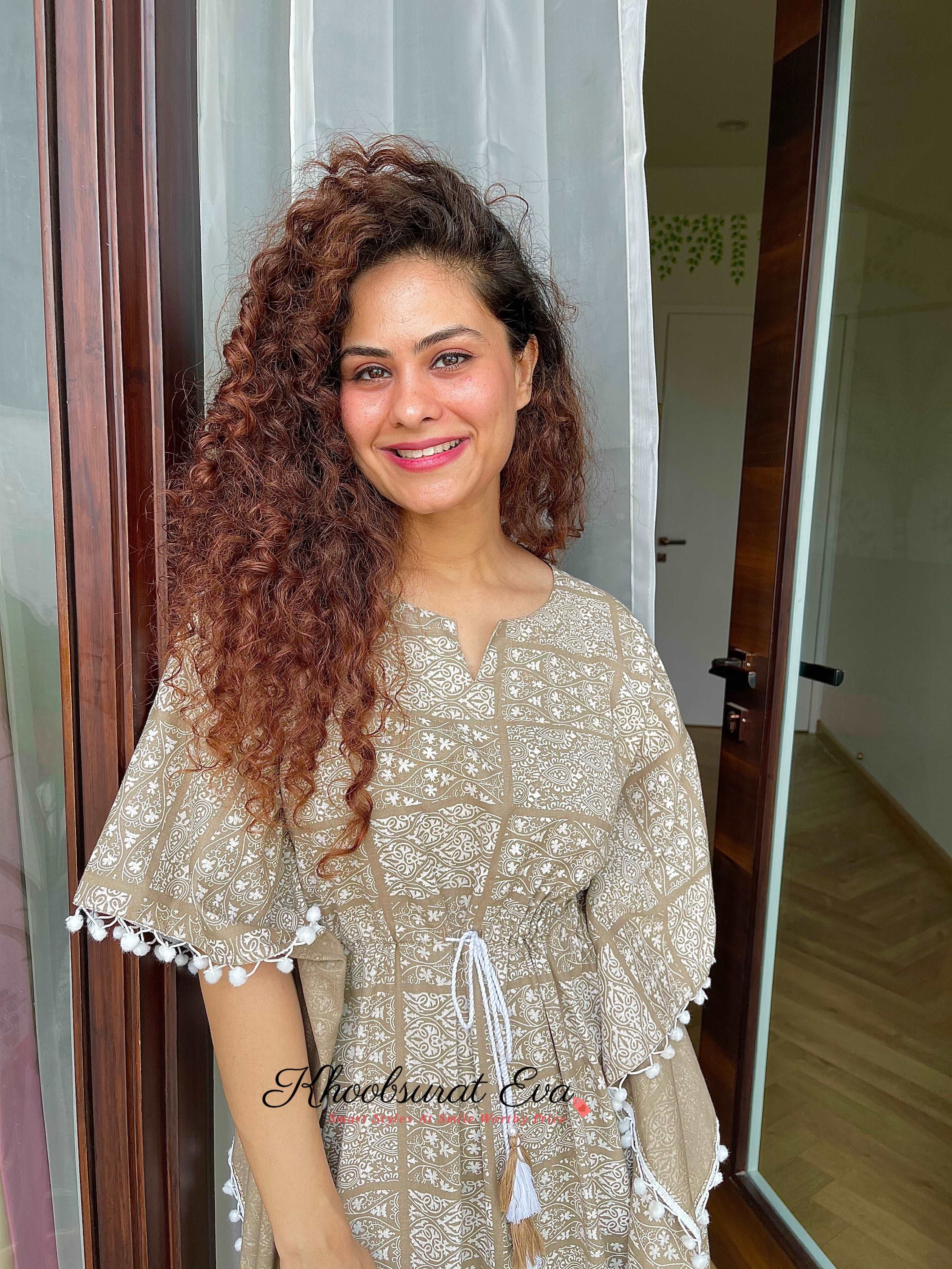 Beige And White Tassel Printed Cotton Kaftan