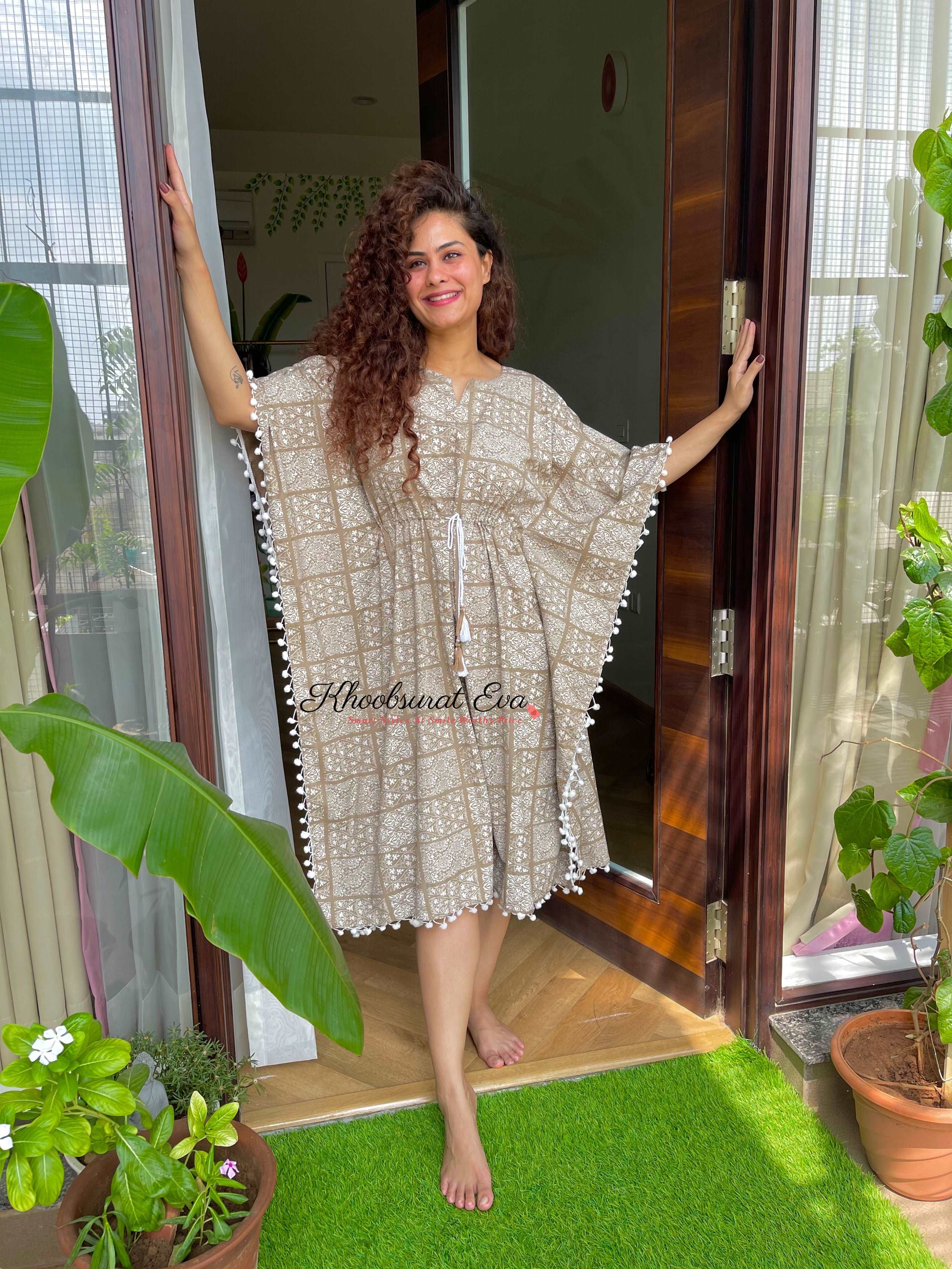 Beige And White Tassel Printed Cotton Kaftan