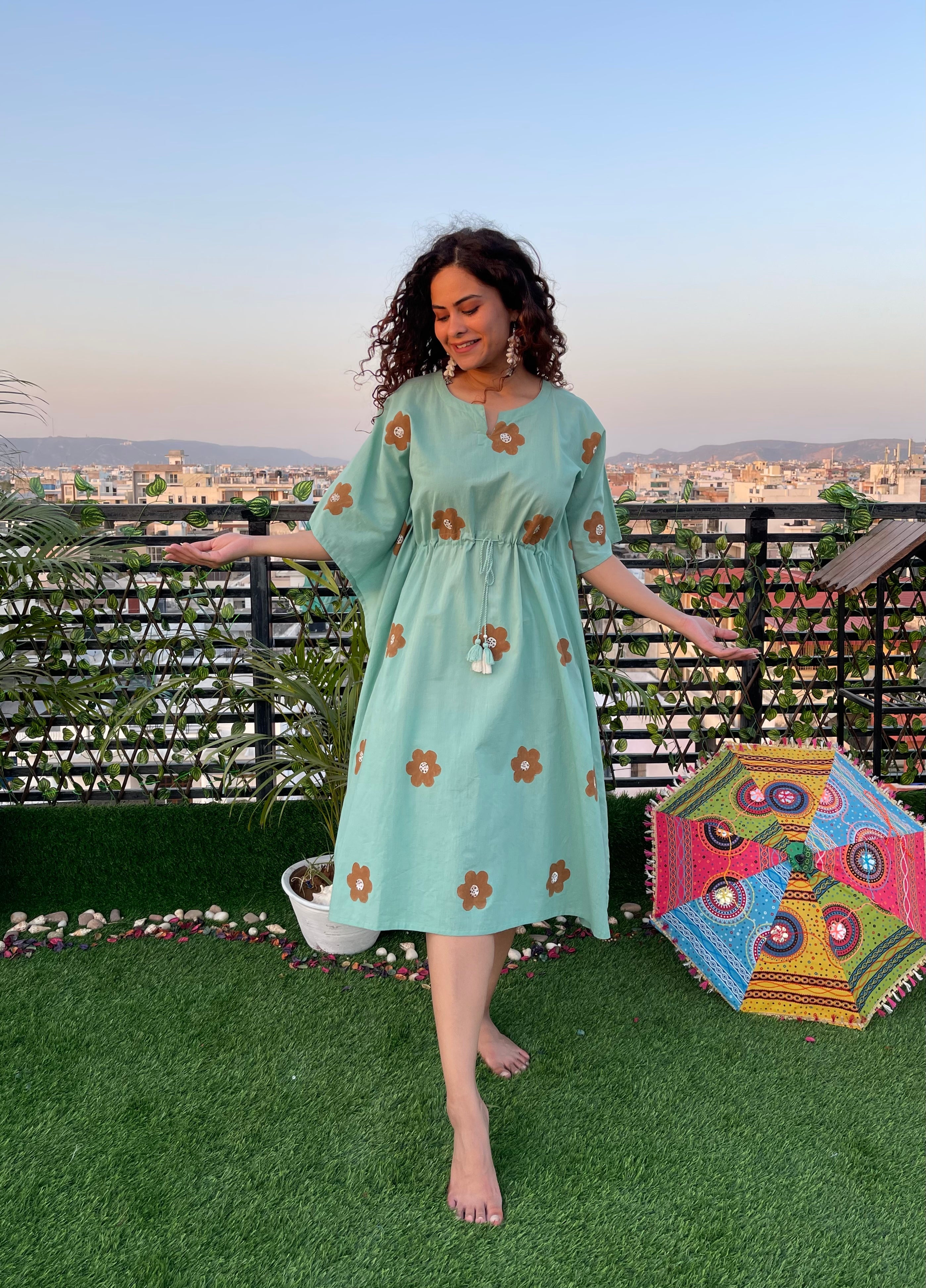 Turquoise Hand Paint Long Kaftan