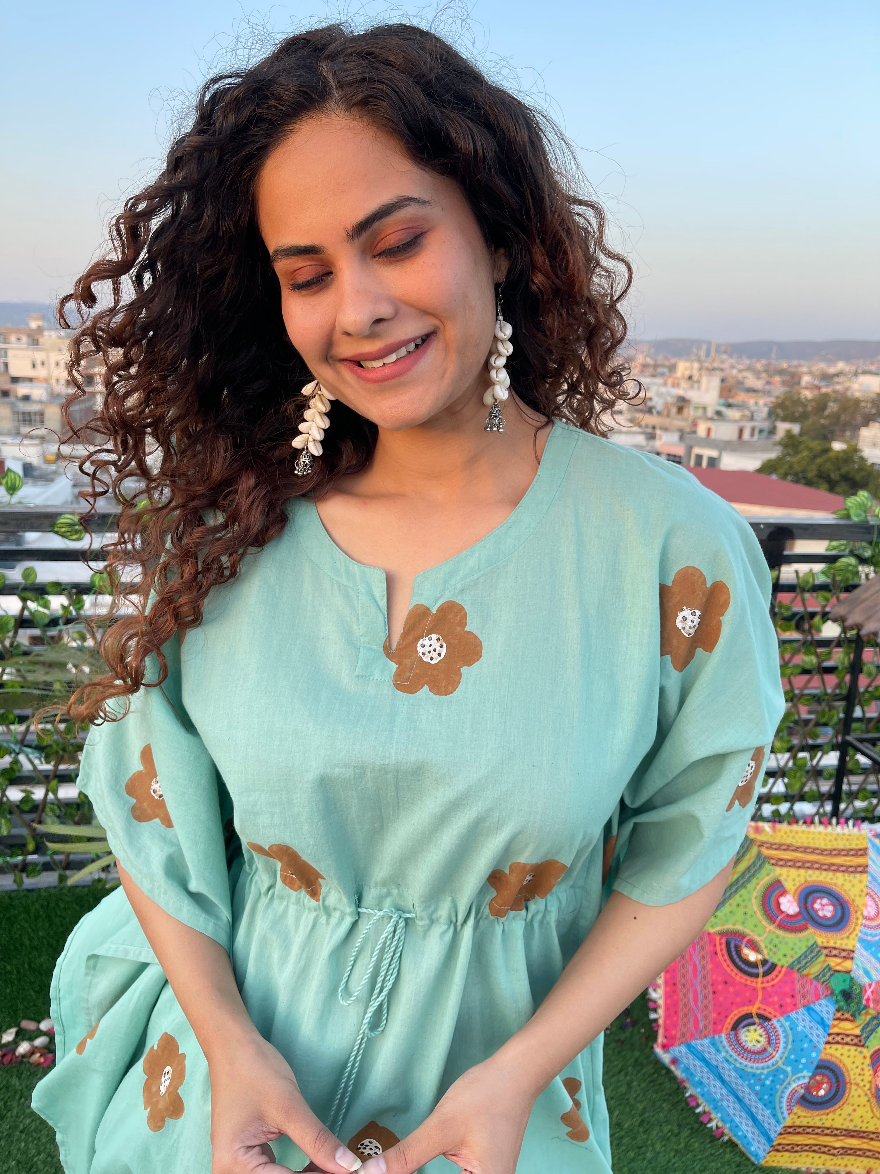 Turquoise Hand Paint Long Kaftan