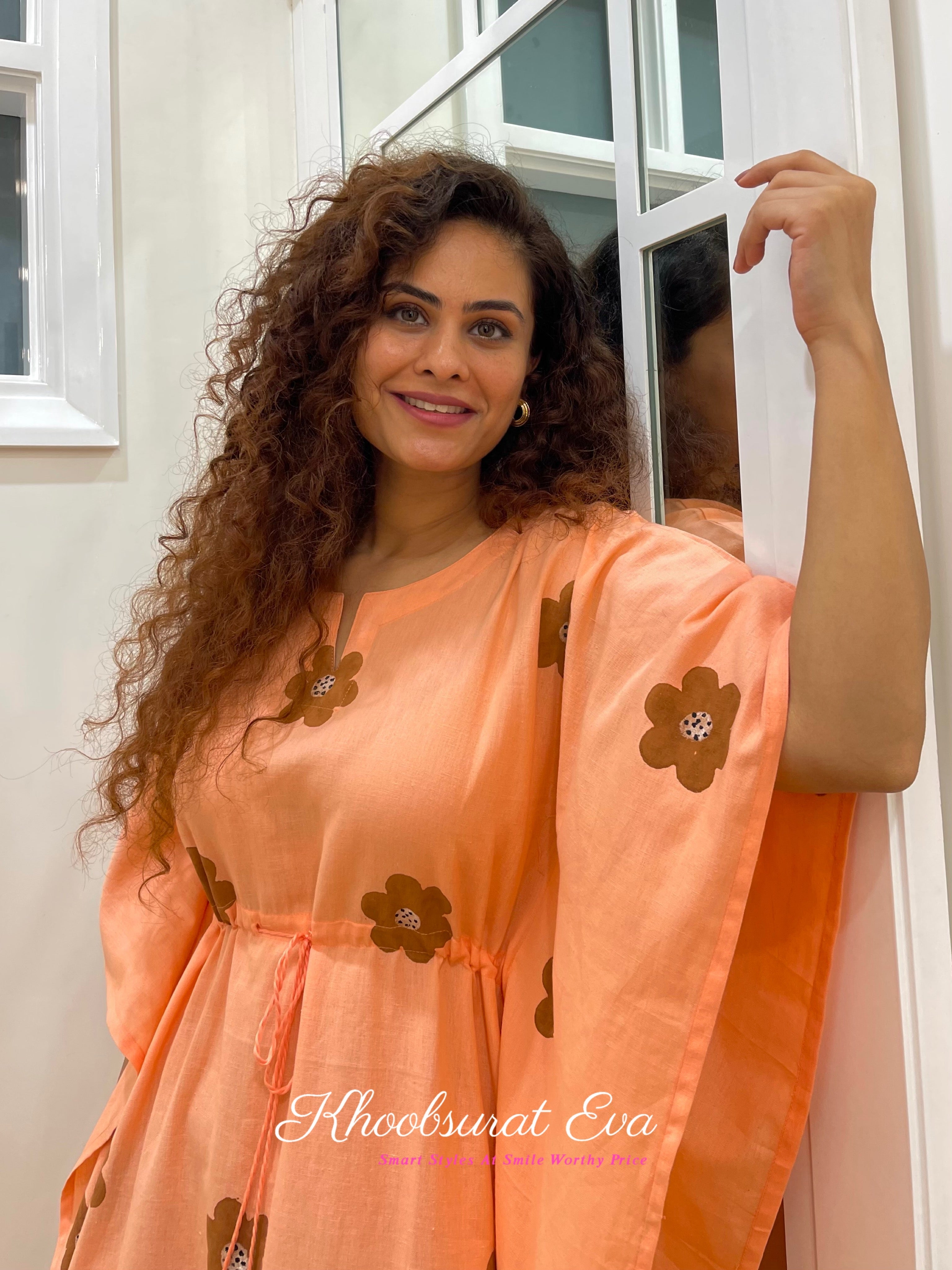 Peach Hand Painted Cotton Kaftan