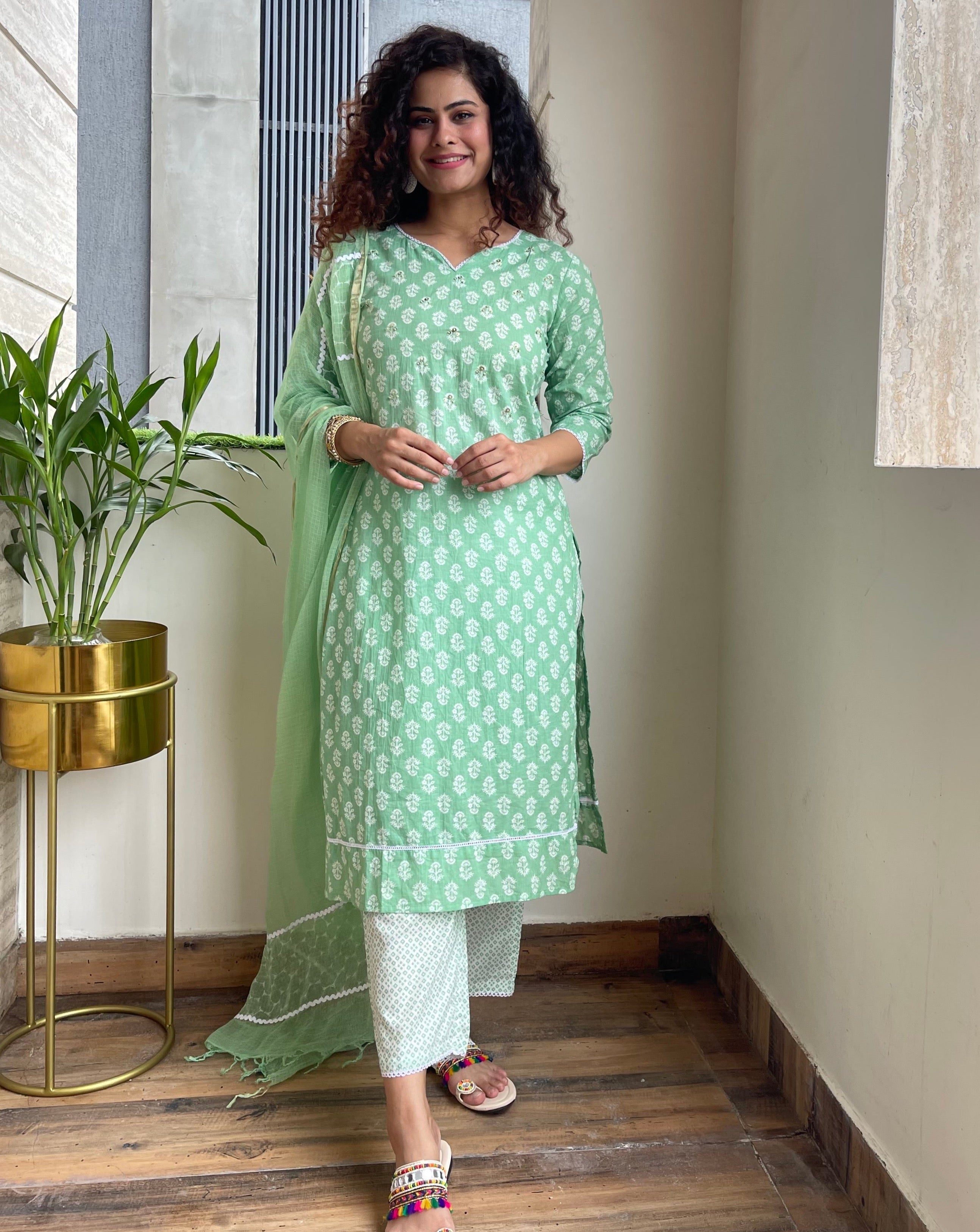 Green Cotton Kurta Suit Set
