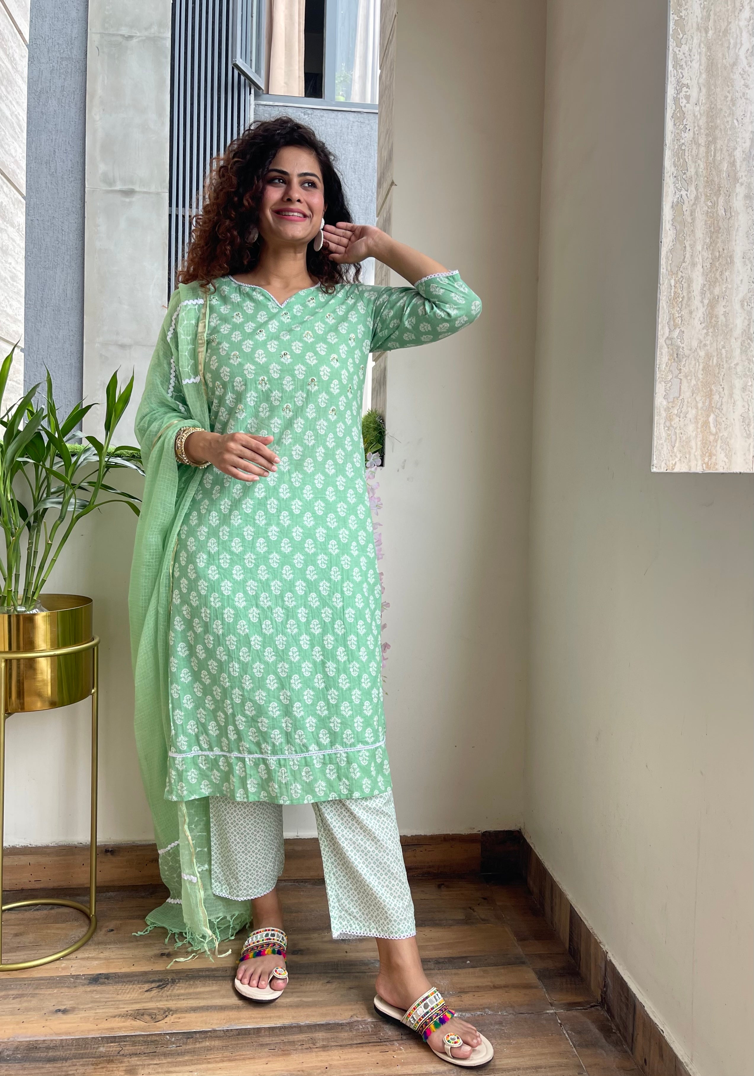 Green Cotton Kurta Suit Setb