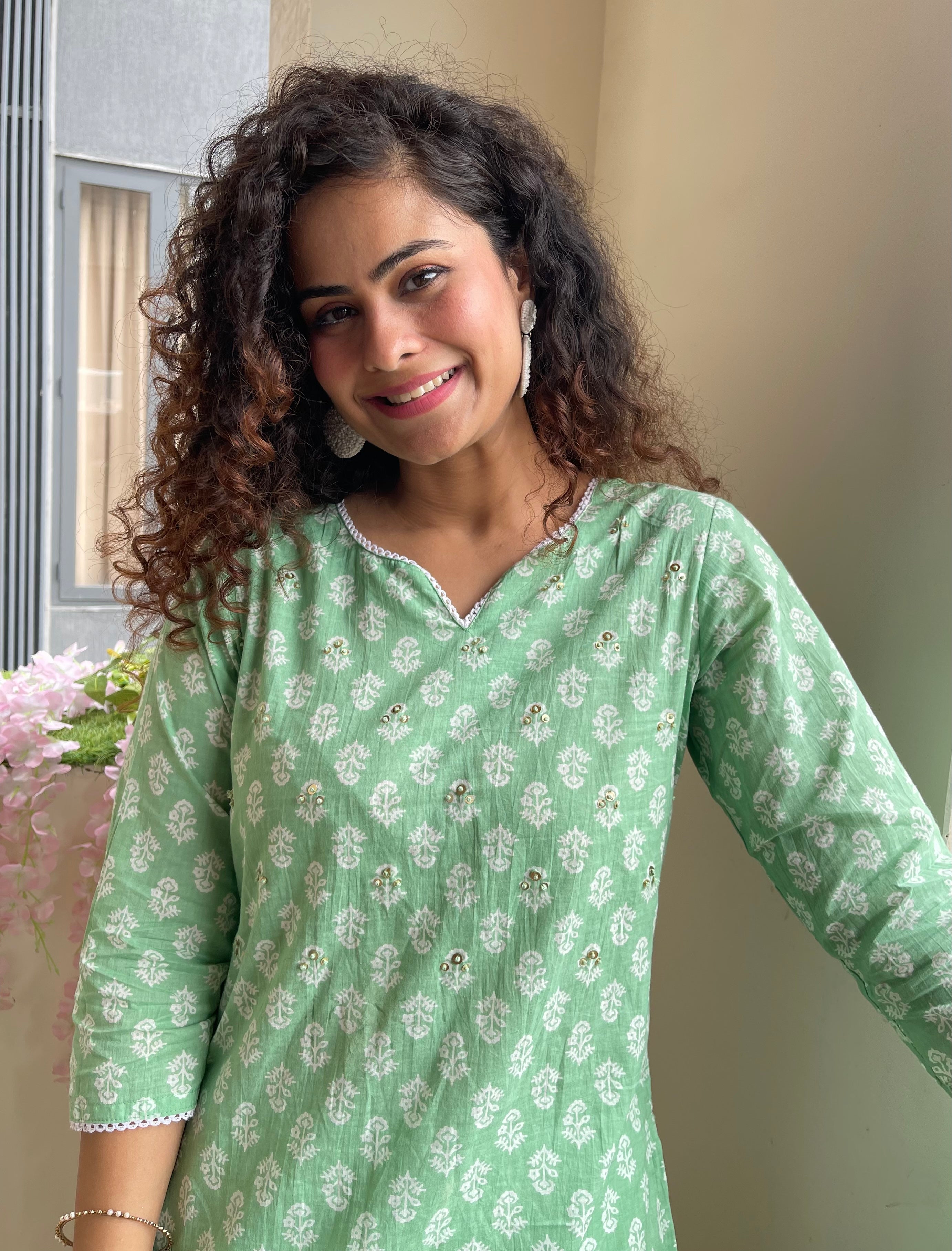 Green Cotton Kurta Suit Set