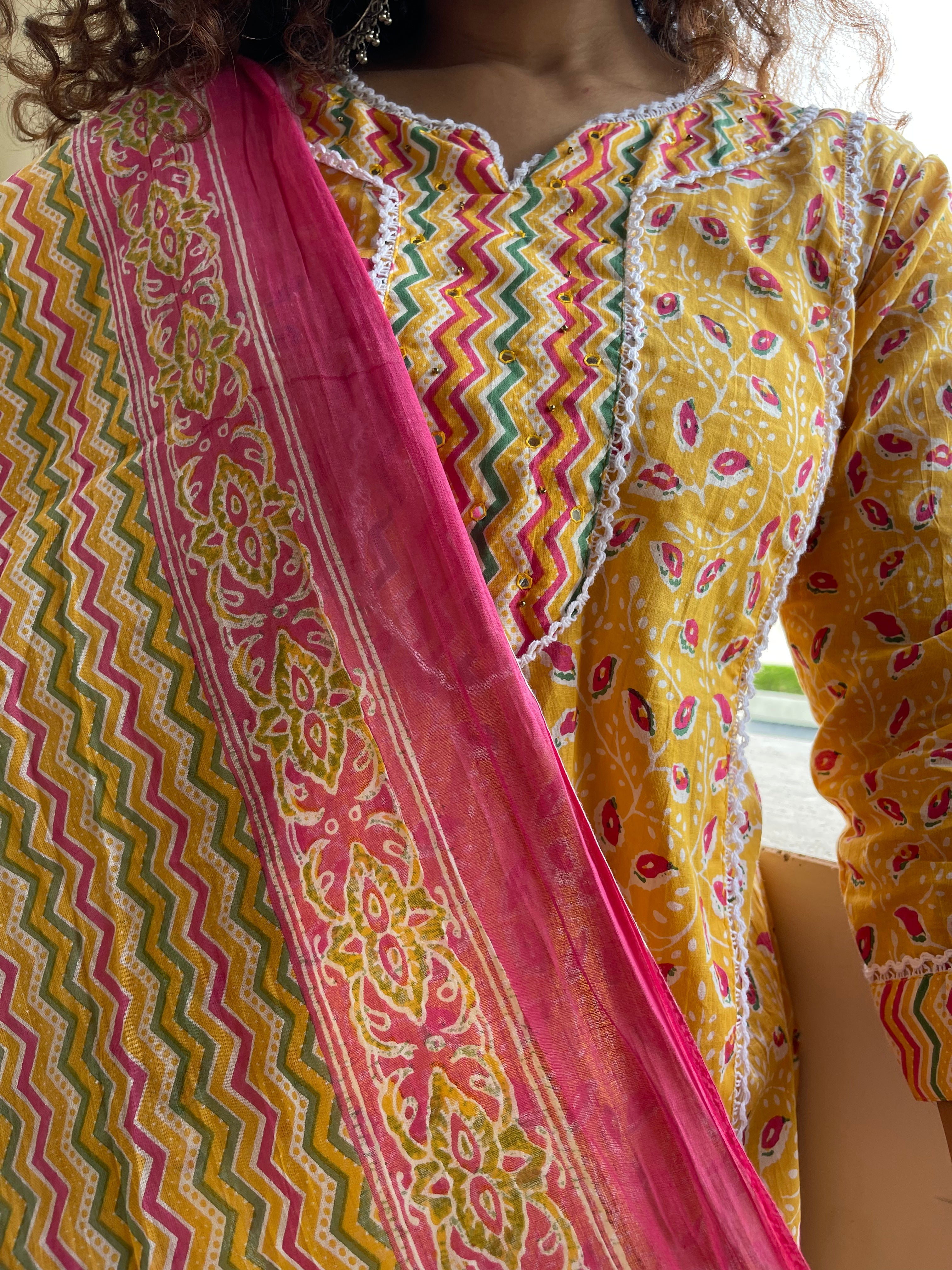 Floral Motifs On Yellow Dupatta Suit Set