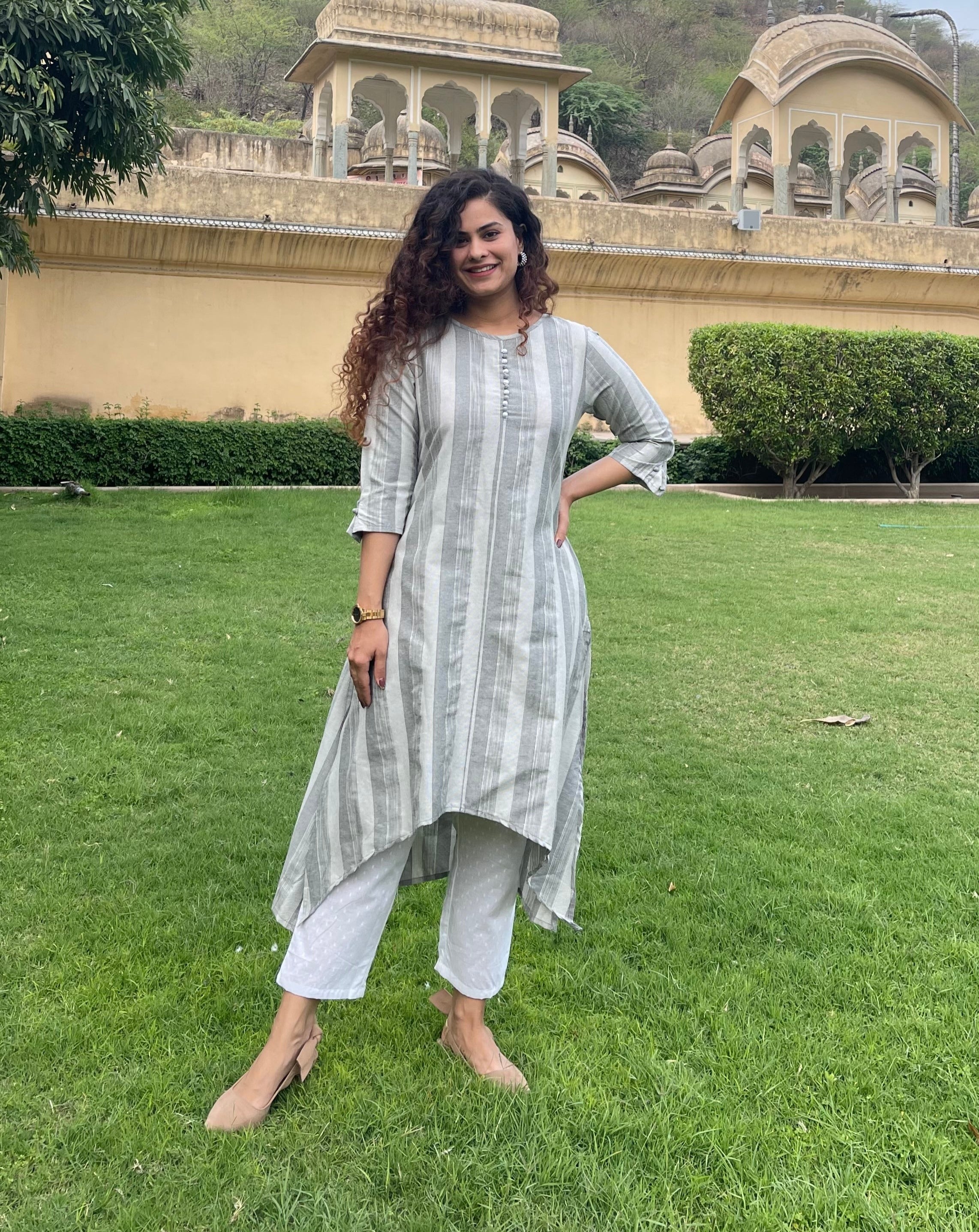 Grey Cotton Printed Kurta Set