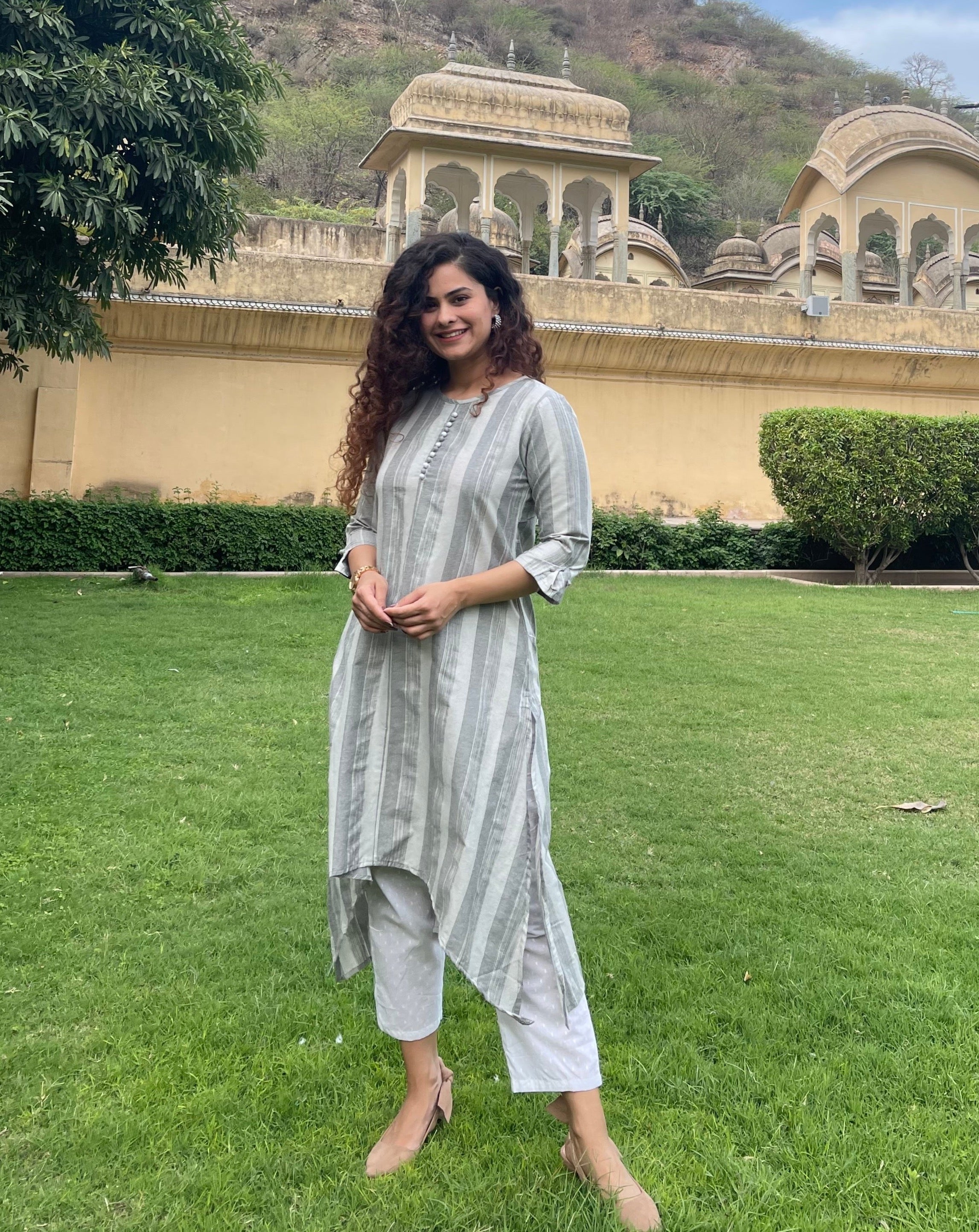 Grey Cotton Printed Kurta Set