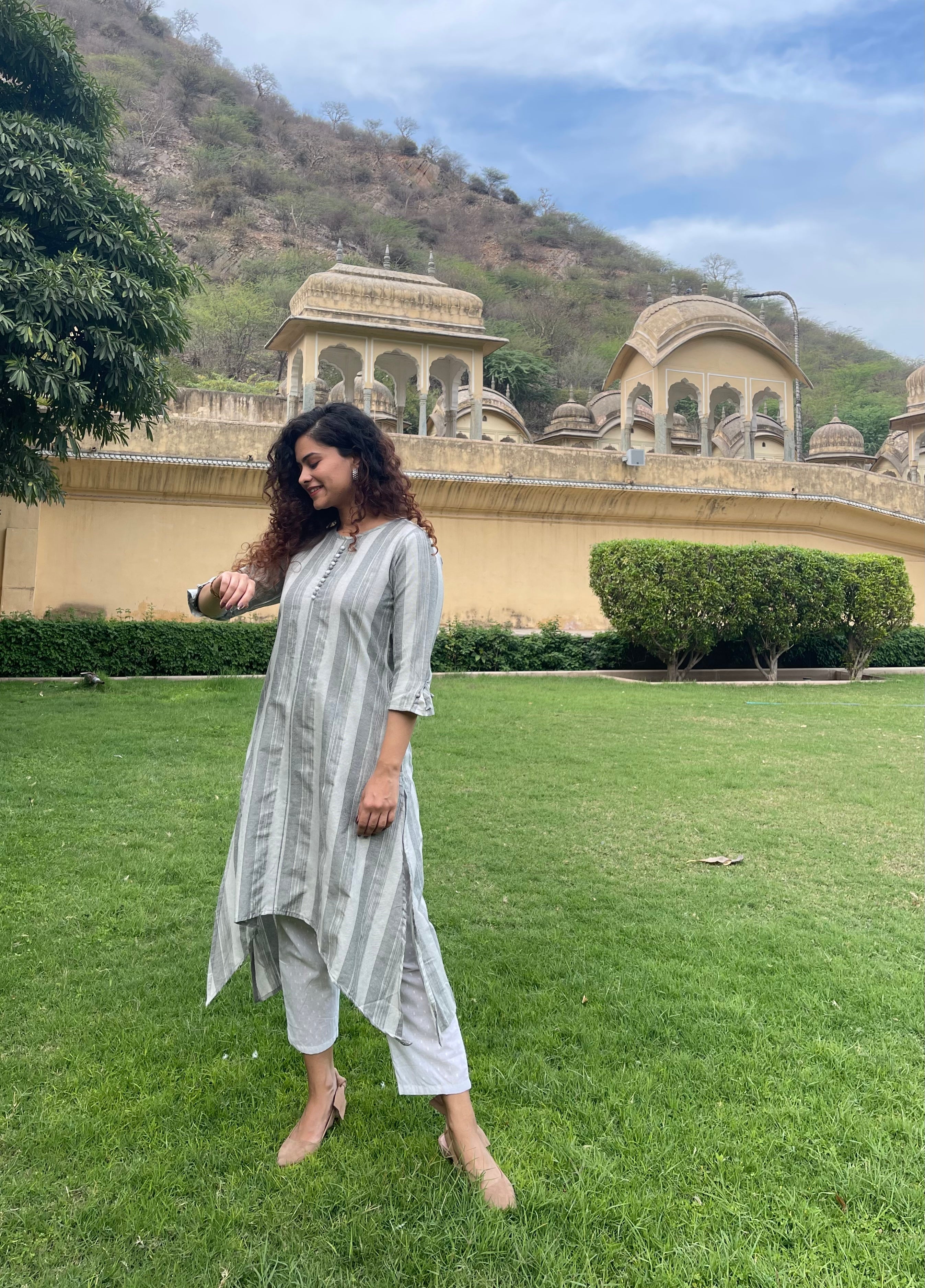 Grey Cotton Printed Kurta Set