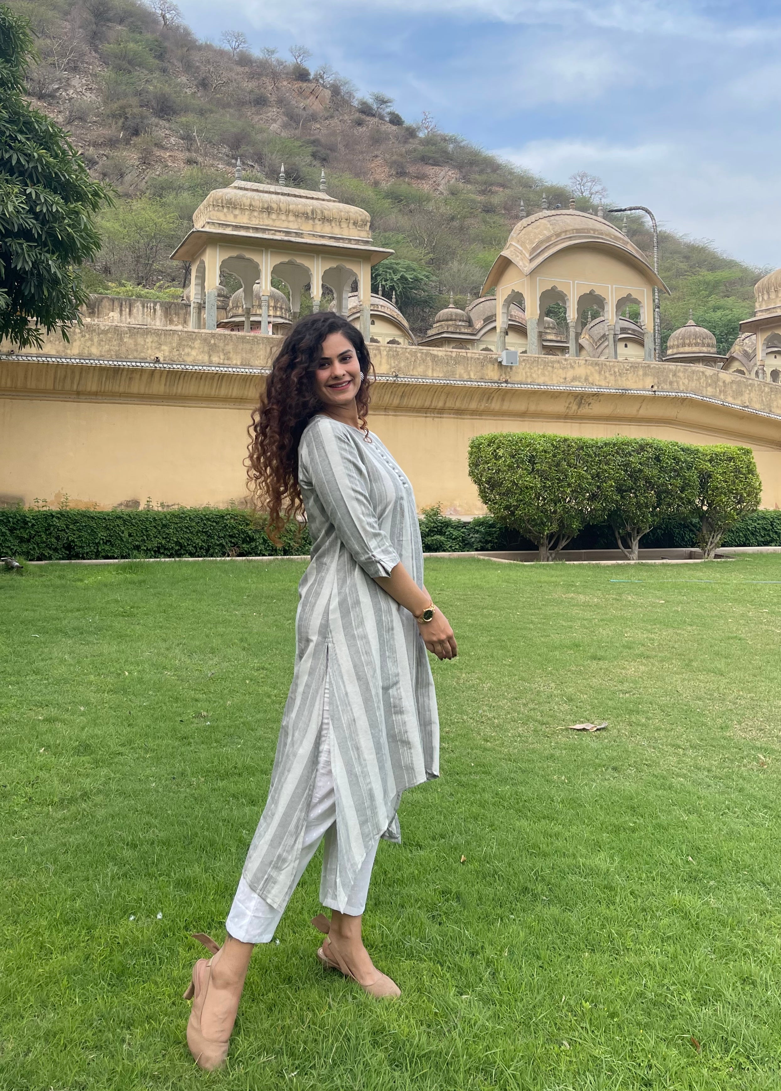 Grey Cotton Printed Kurta Set