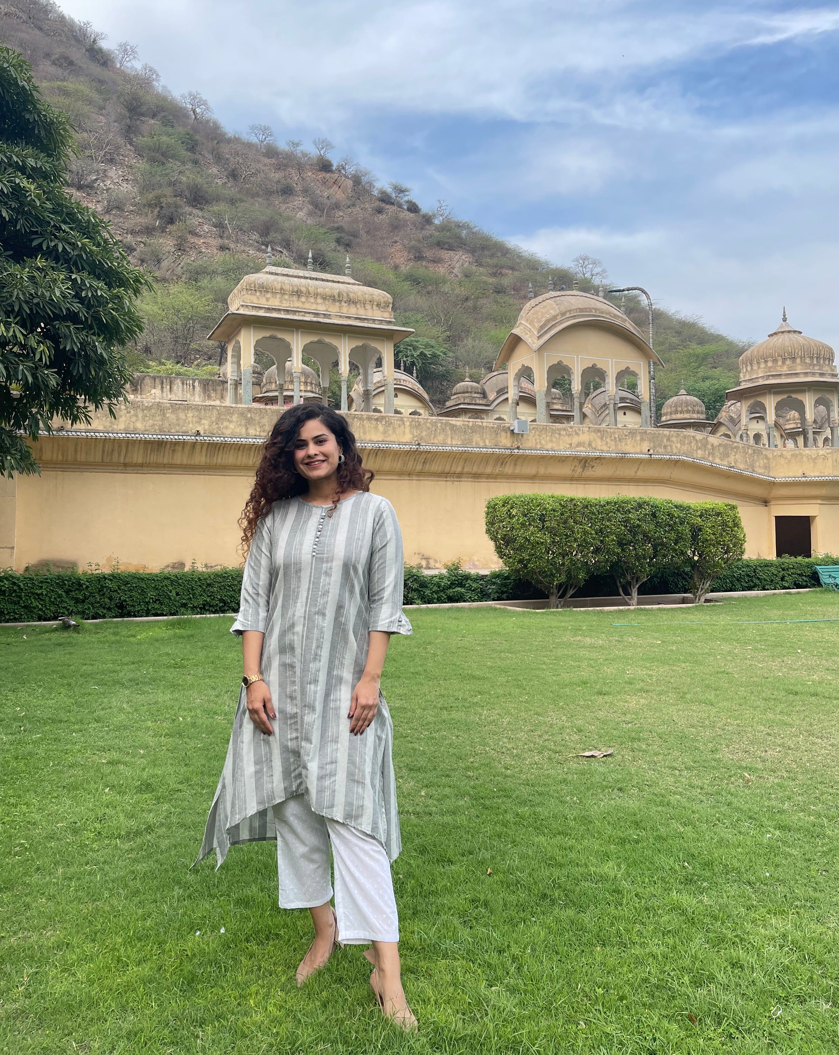 Grey Cotton Printed Kurta Set