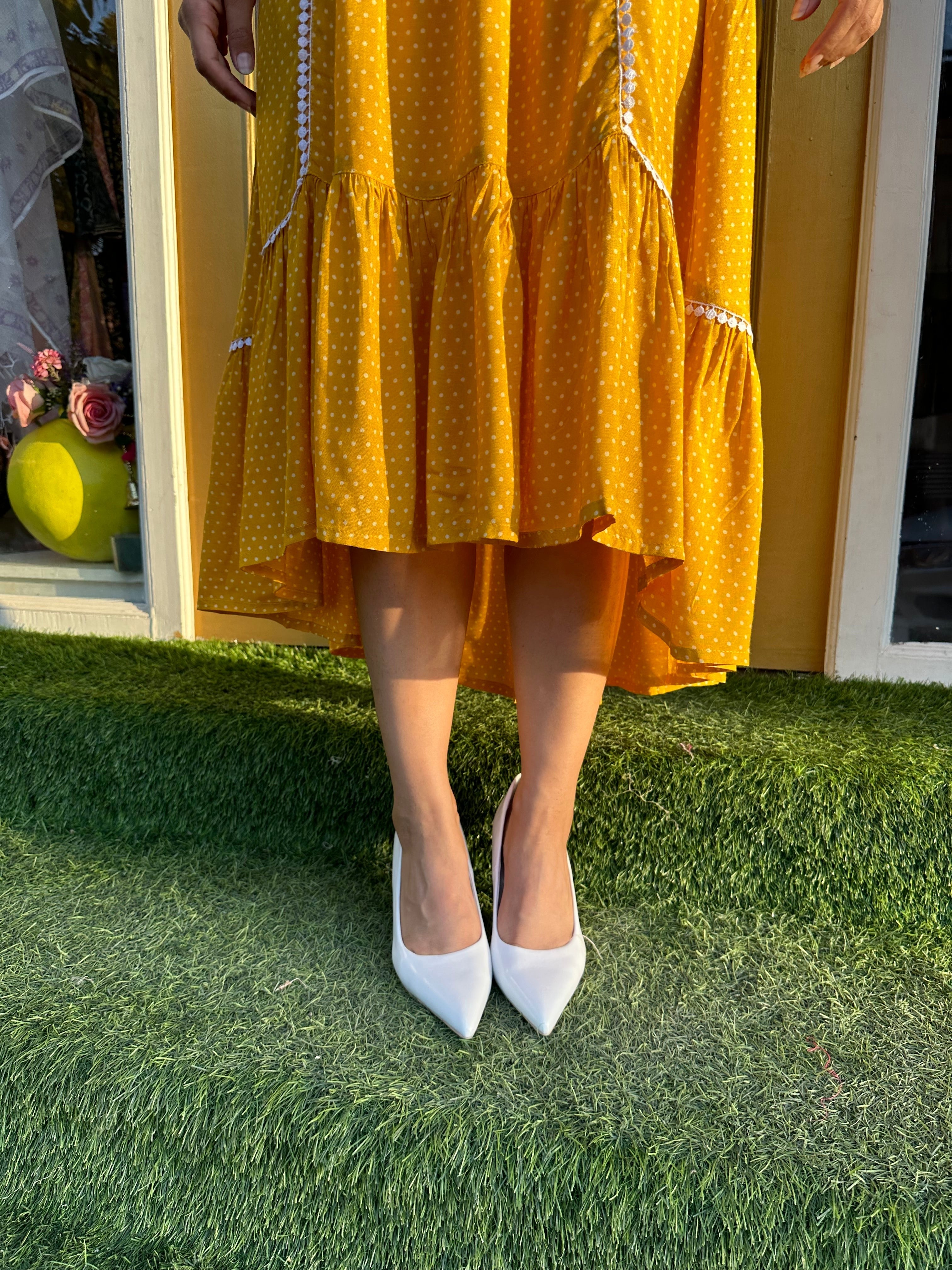 YELLOW POLKA DOTS PRINTED A-LINE DRESS