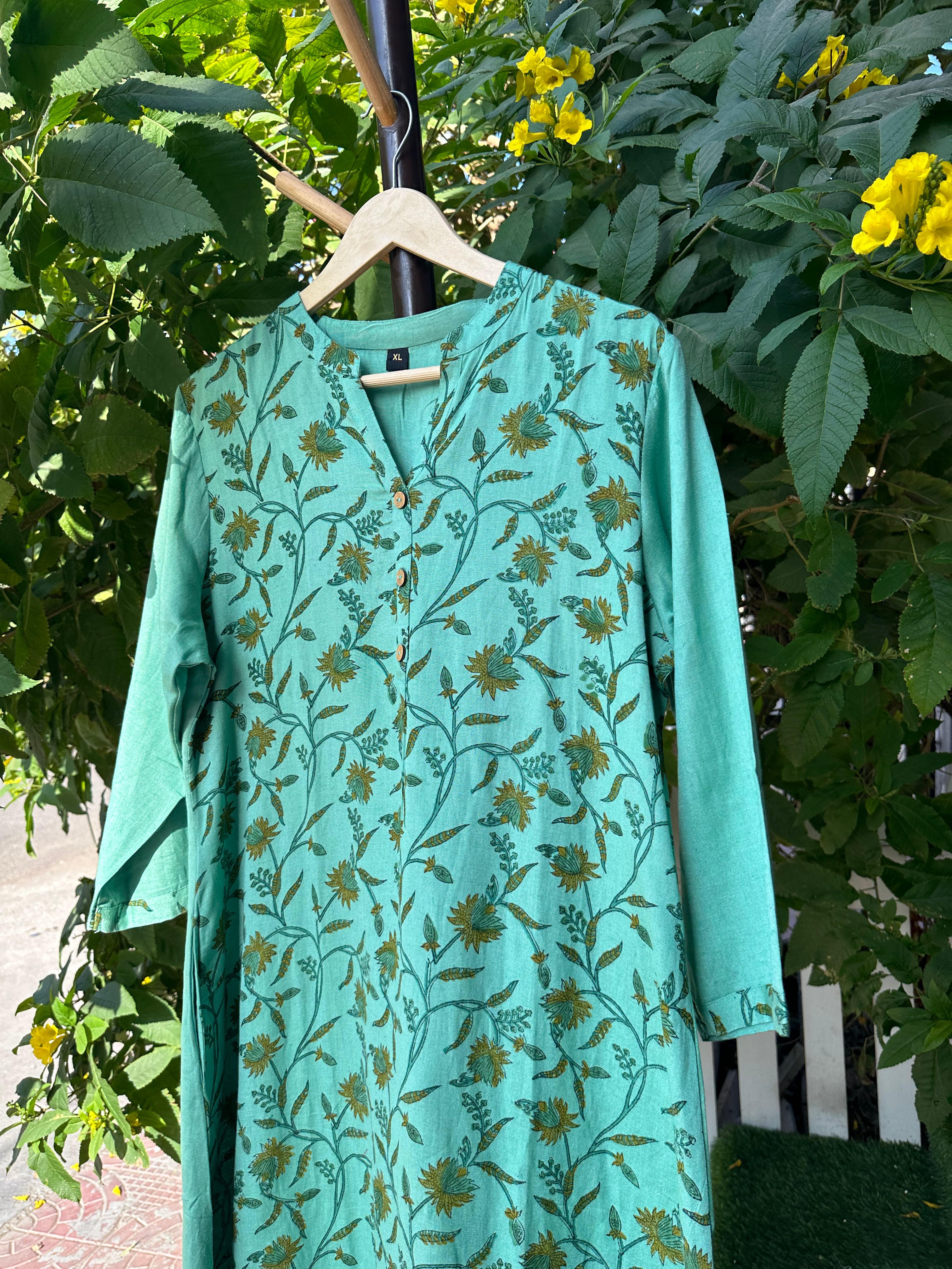 GREEN COTTON BLOCK PRINT KURTA