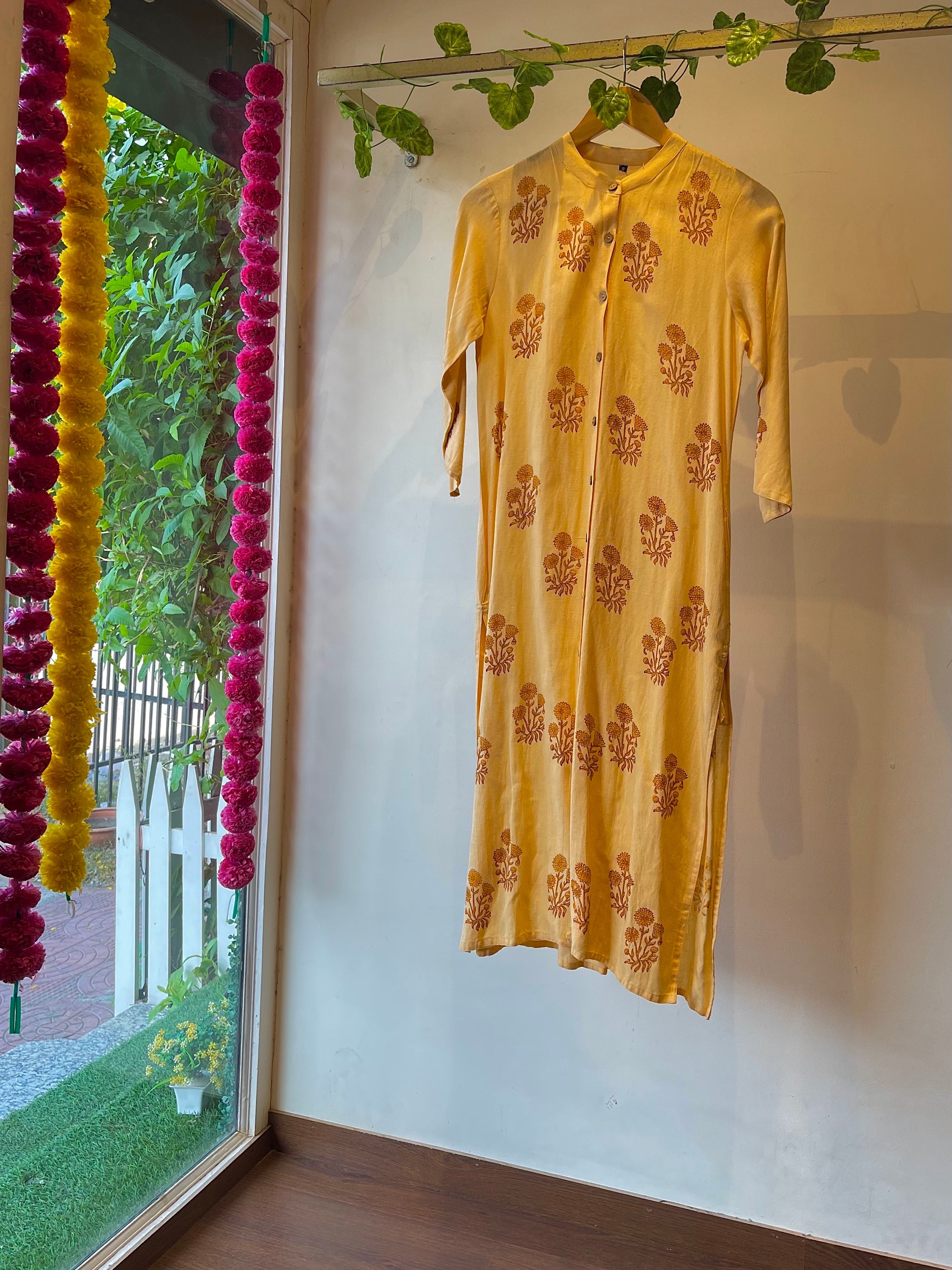 Yellow Cotton Block Print Straight Kurta