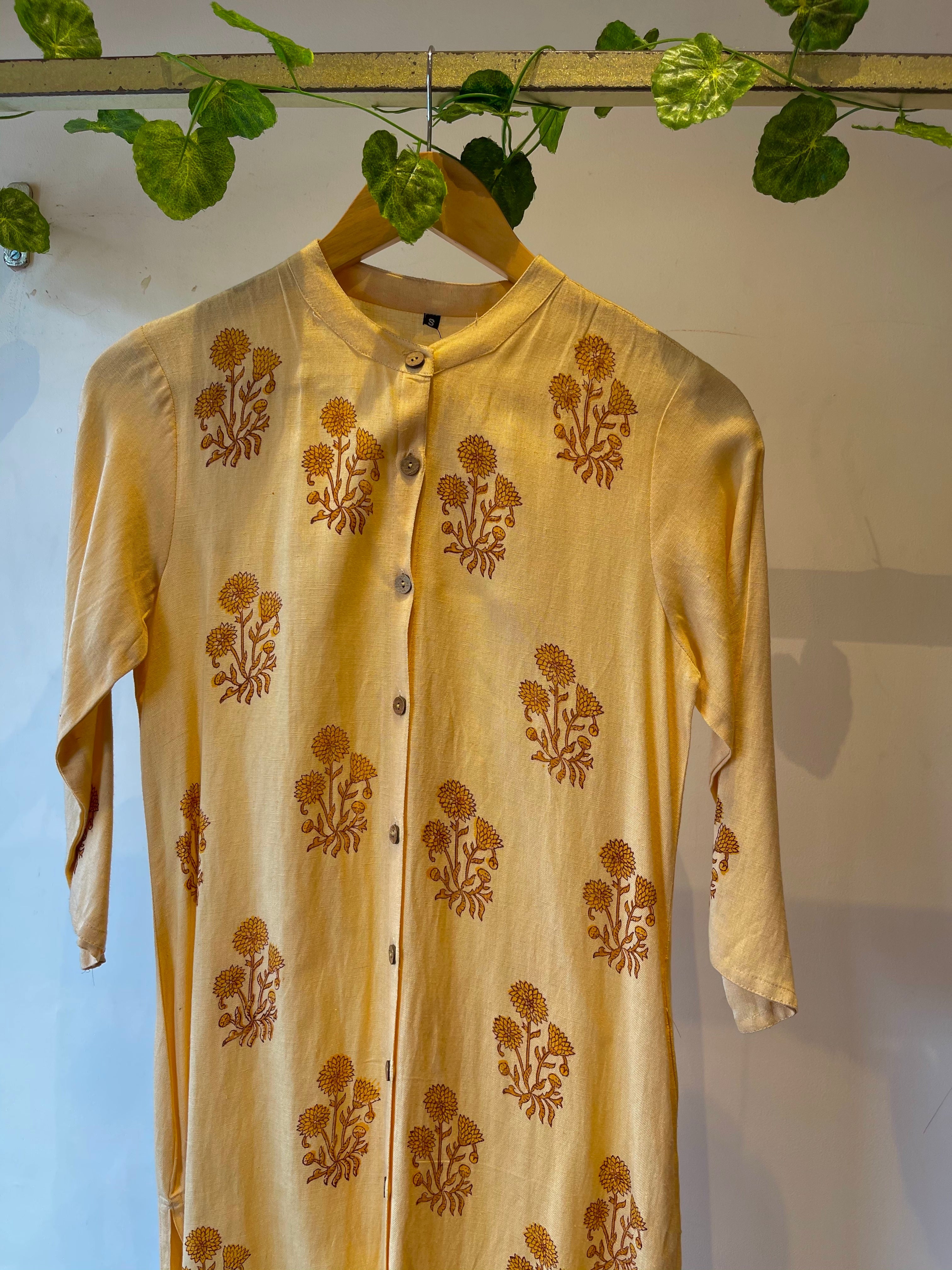 Yellow Cotton Block Print Straight Kurta