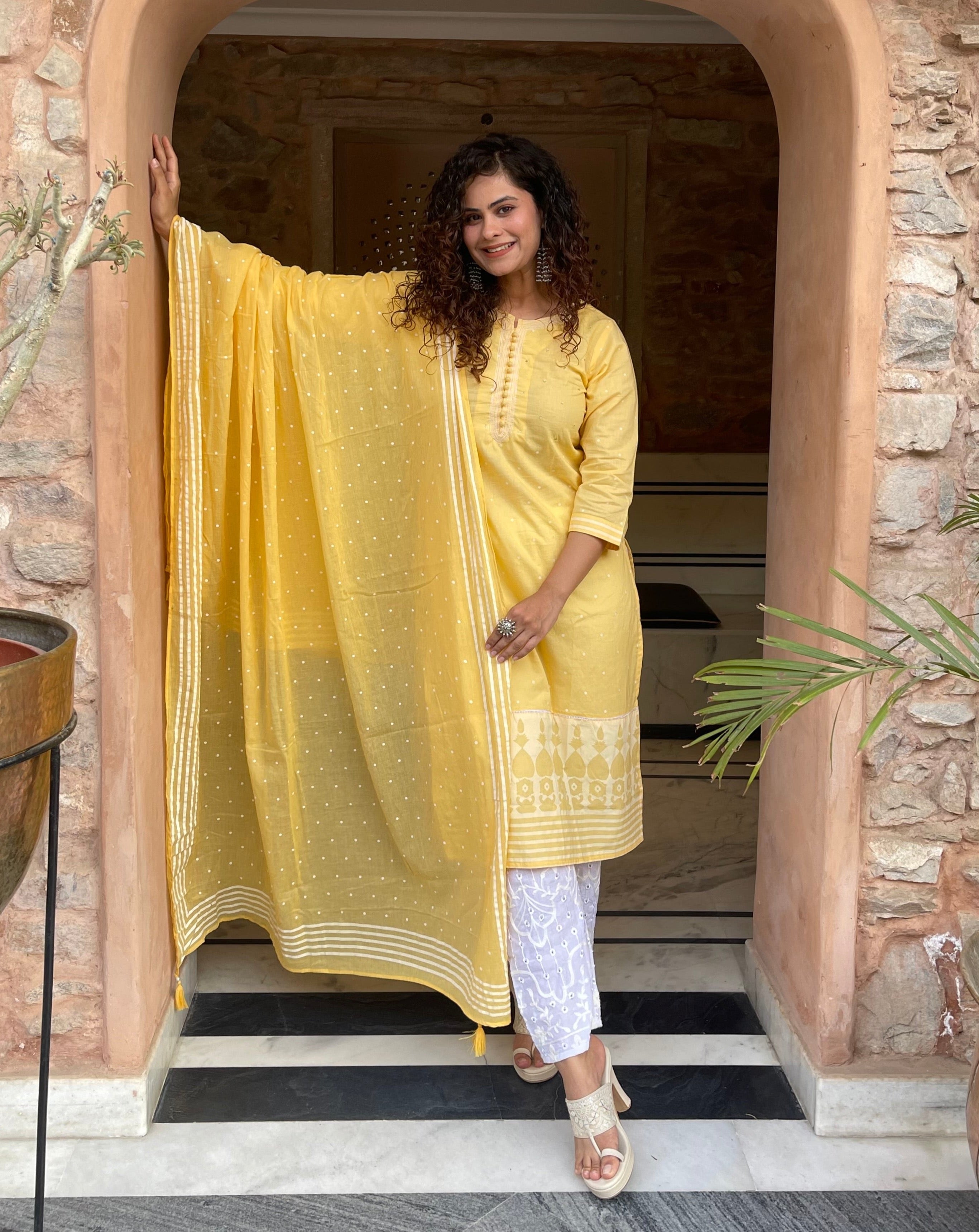 Yellow Embroidered Dupatta Suit Set