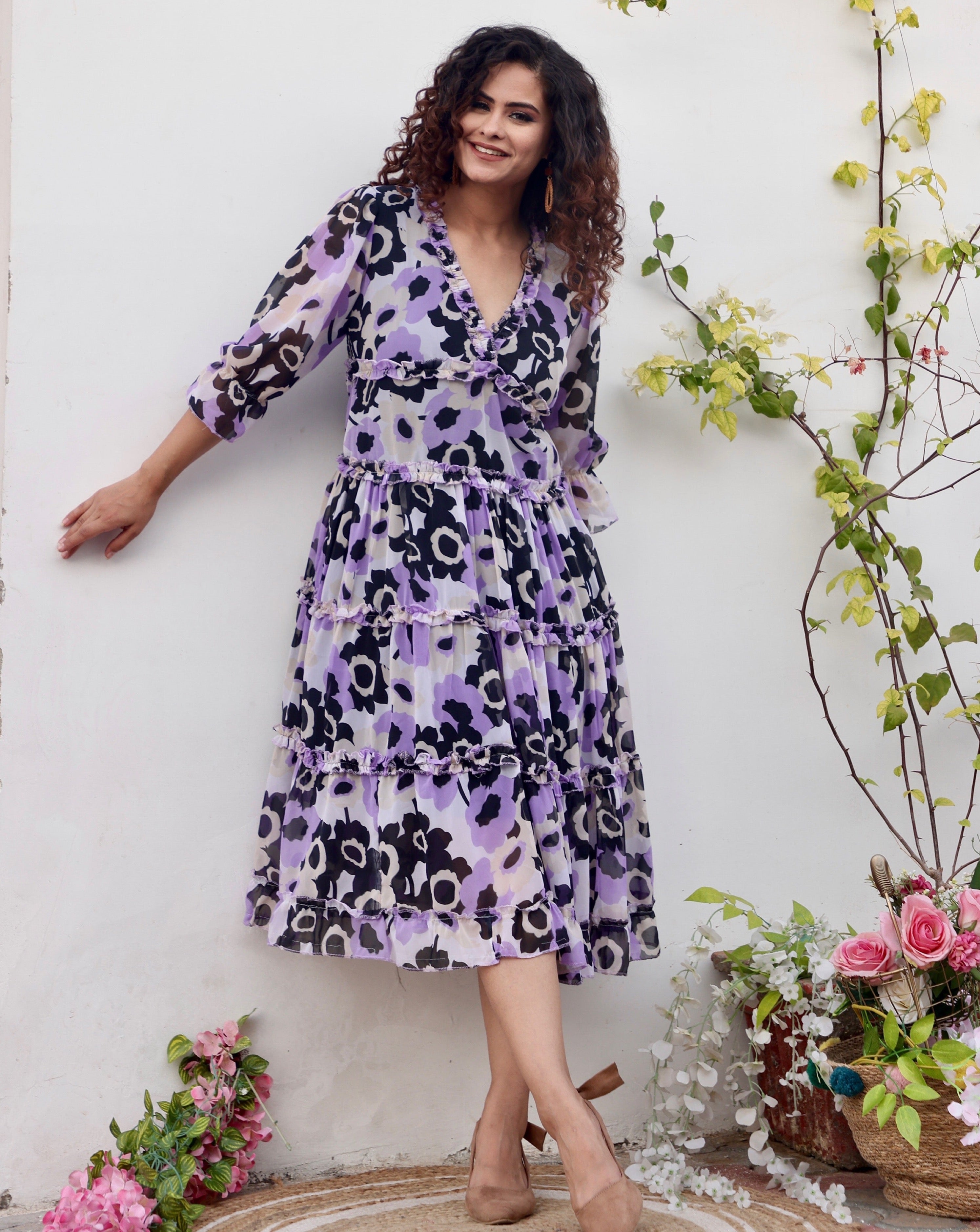 Lavender Floral Print Maxi Dress