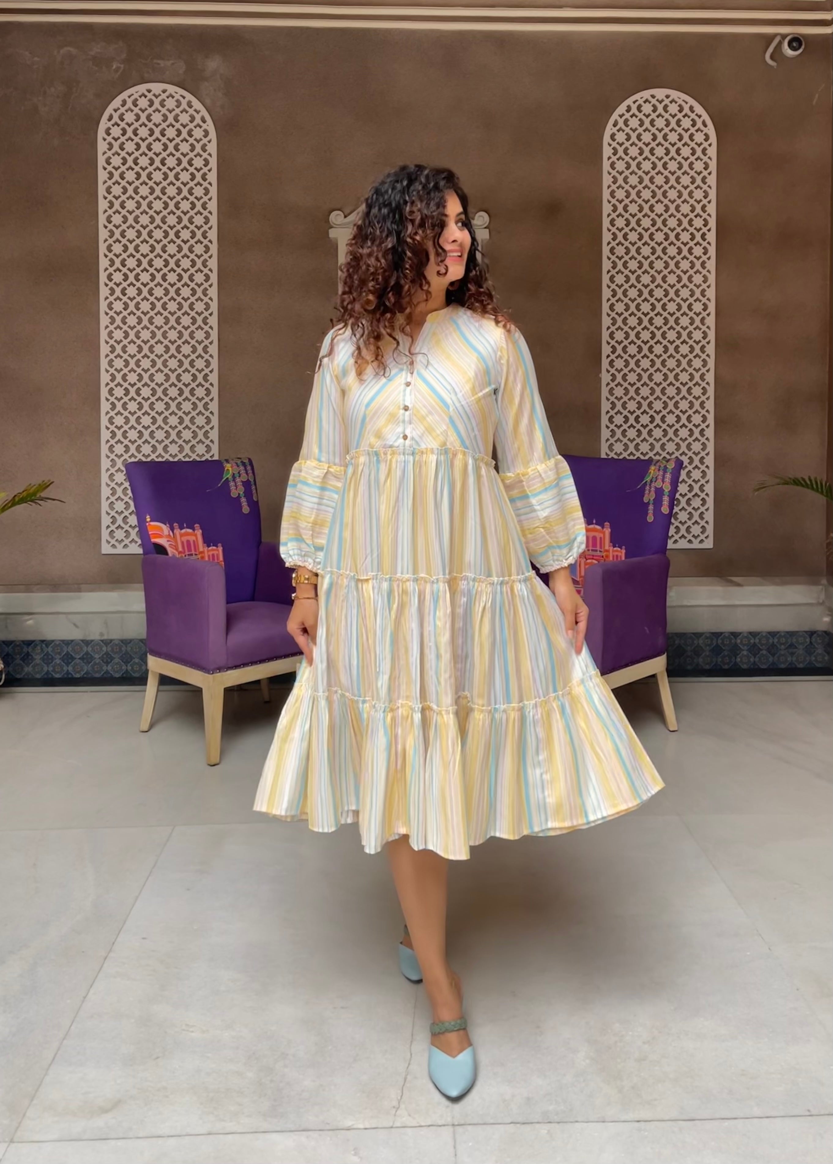 Pastel Blue Stripes Cotton Maxi Dress