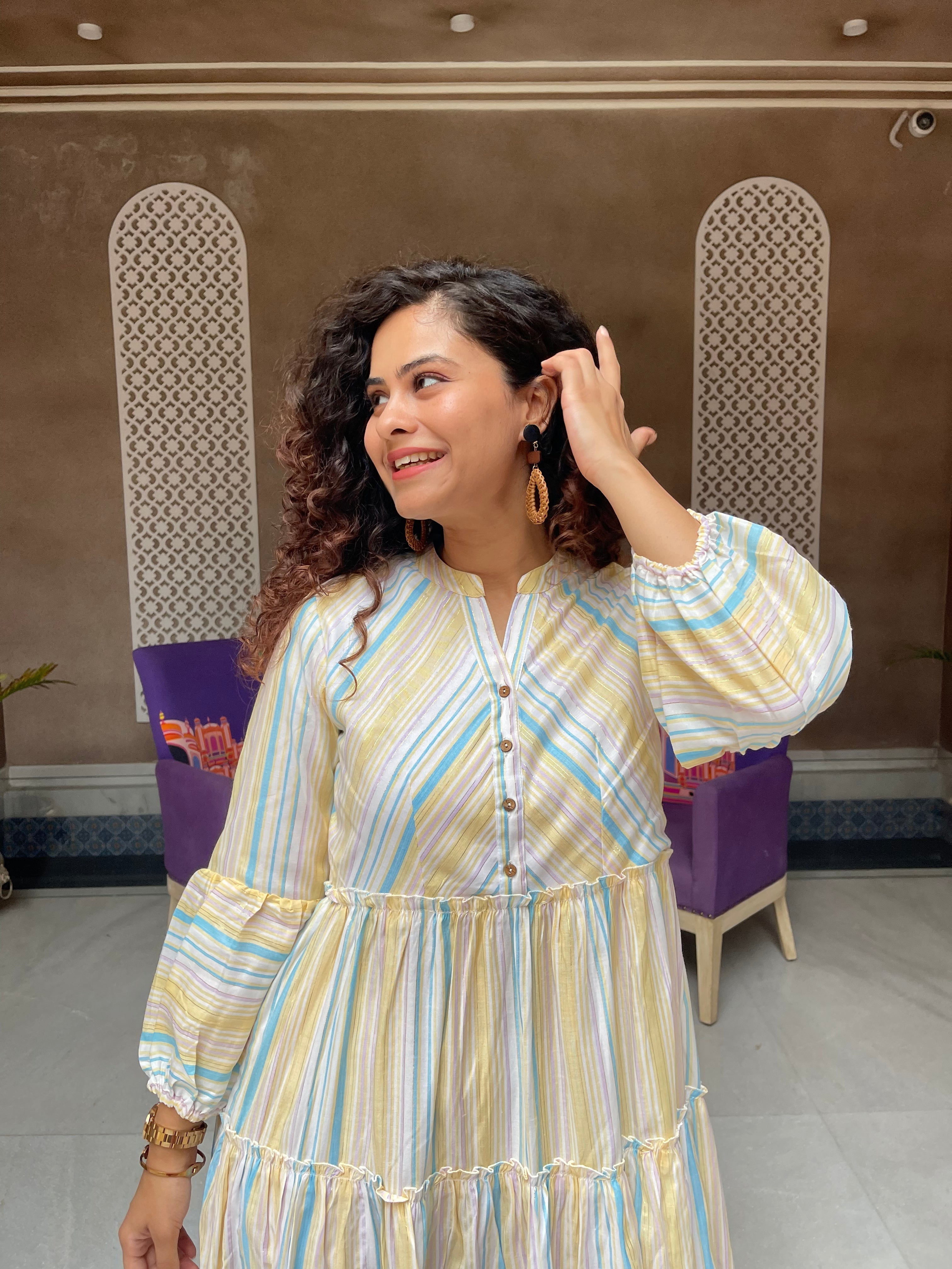 Pastel Blue Stripes Cotton Maxi Dress