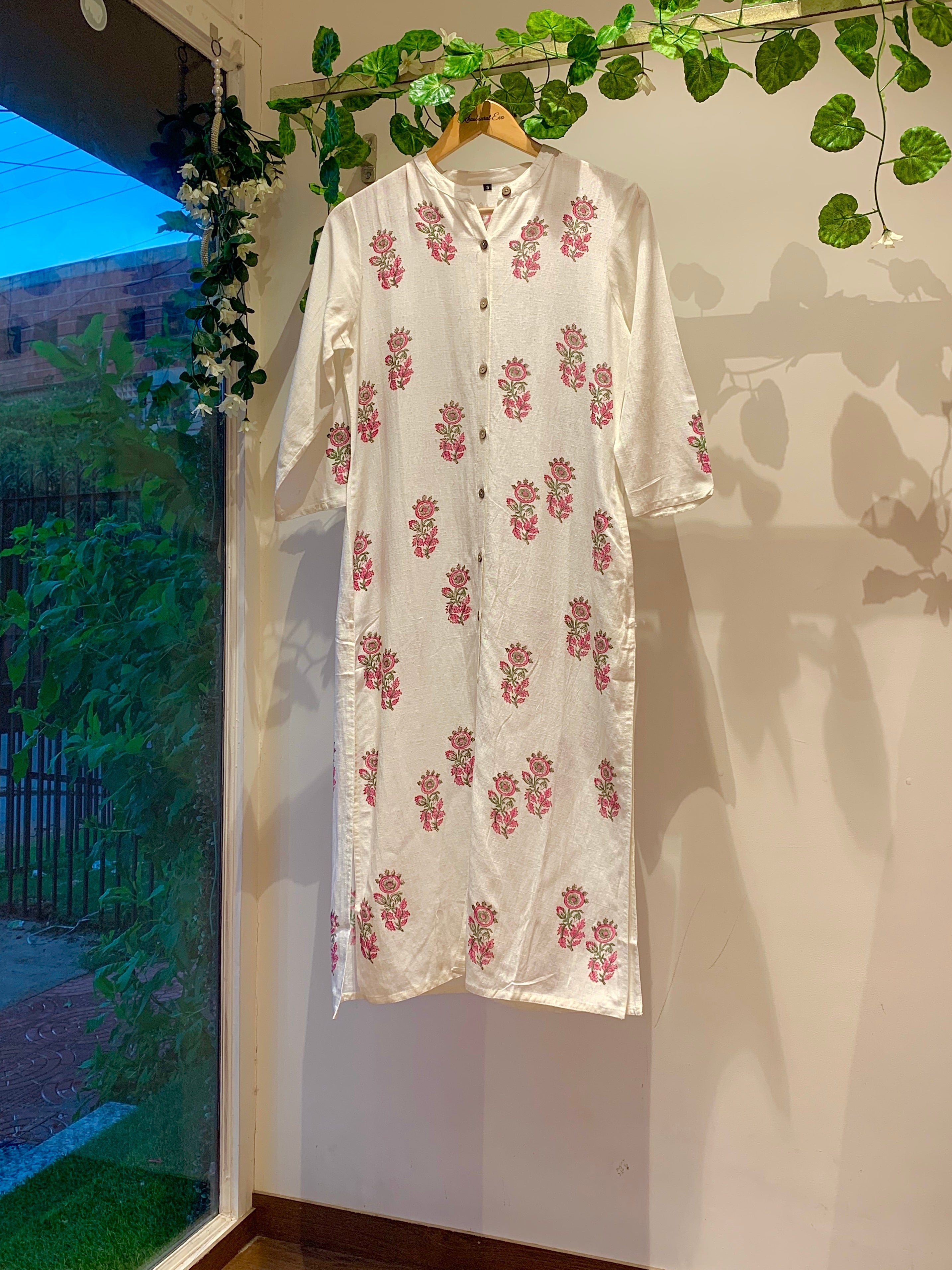 Pink And White Cotton Block Printed Kurta