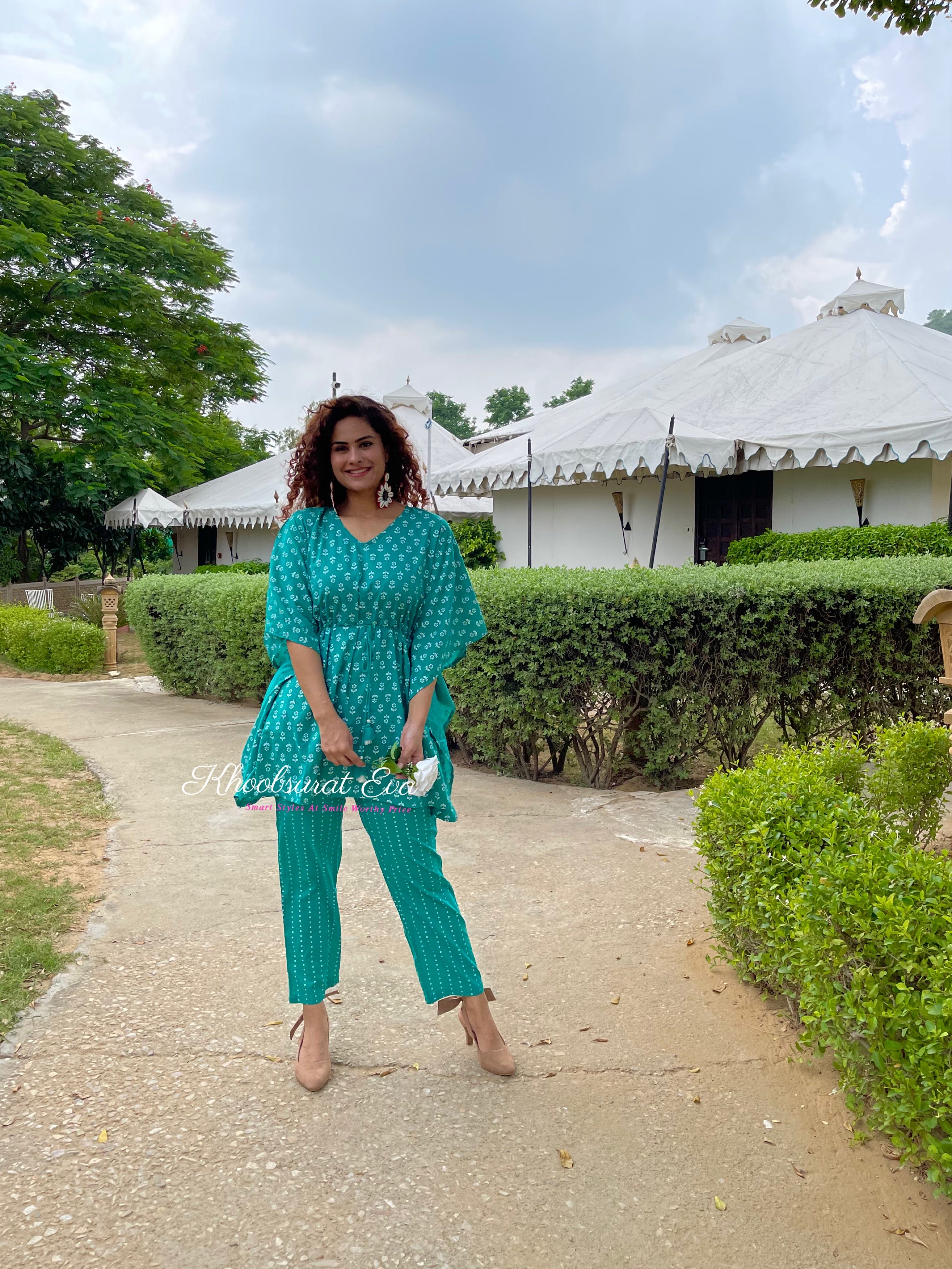 Green Printed Cotton Kaftan Co-ord Set