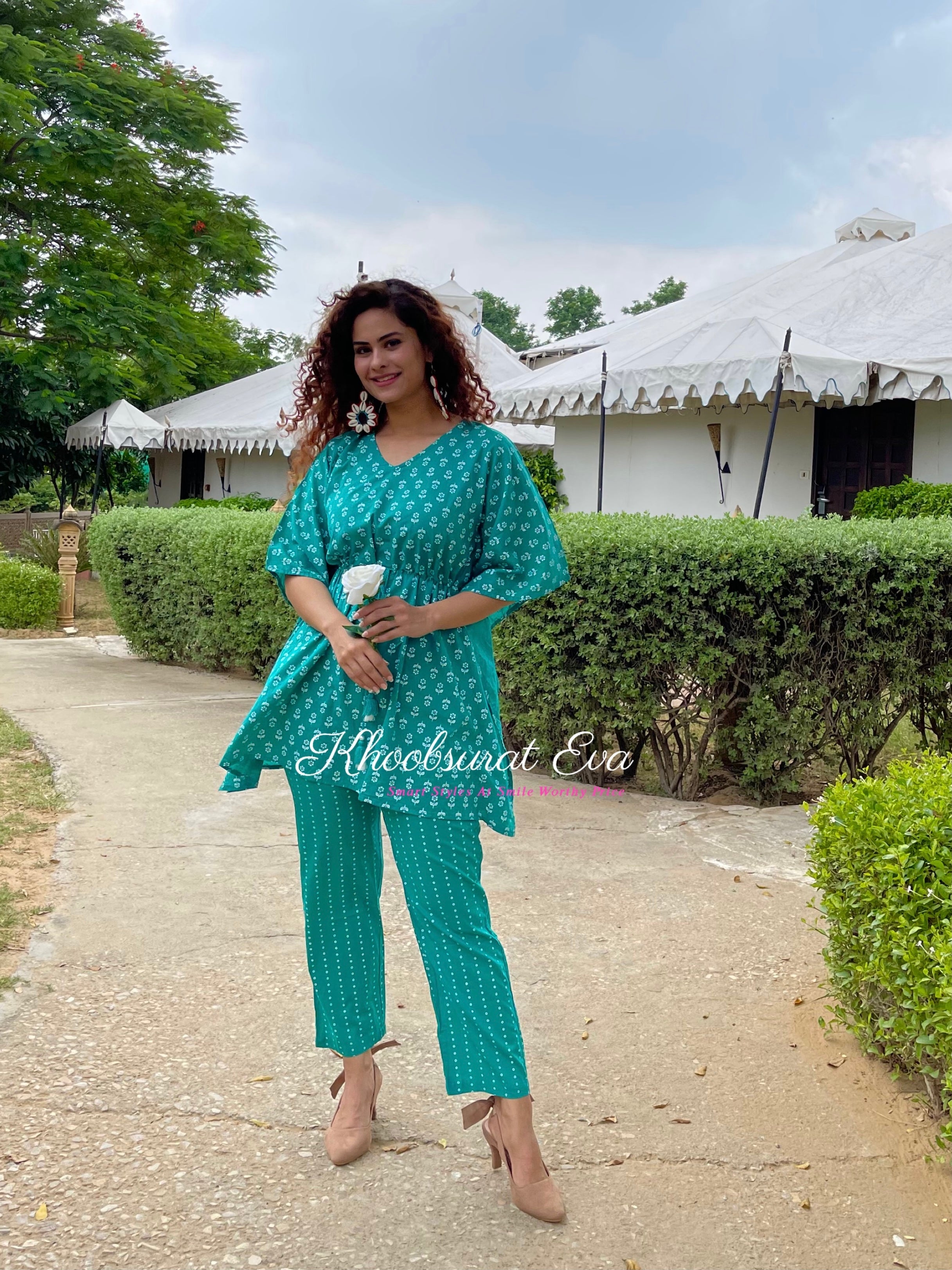 Green Printed Cotton Kaftan Co-ord Set