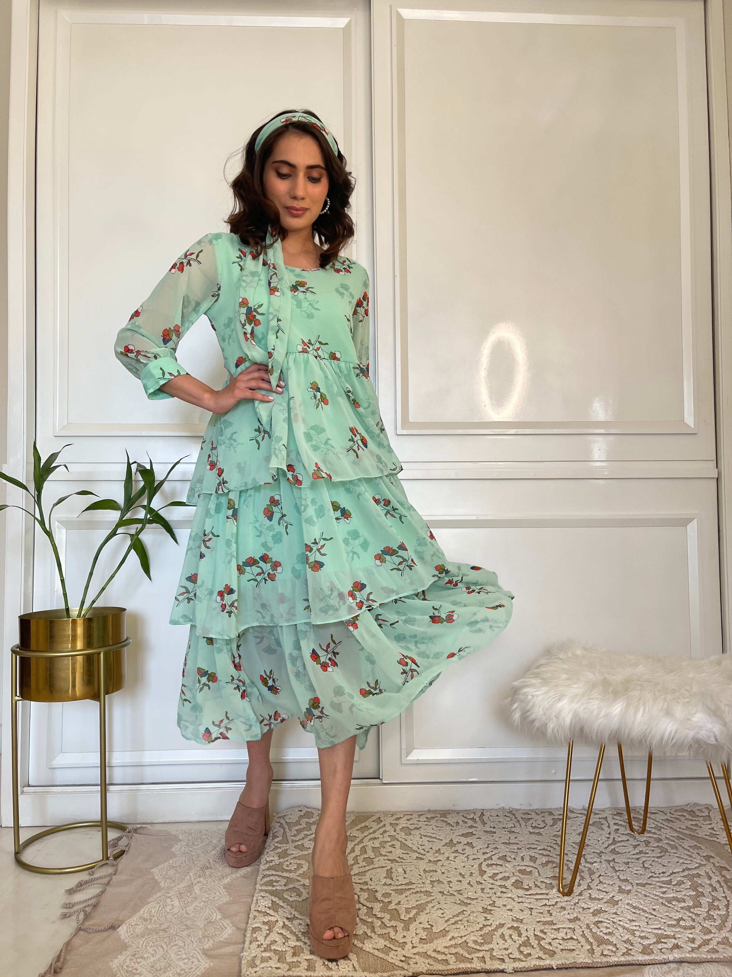 Green Ruffle Flared Maxi Dress