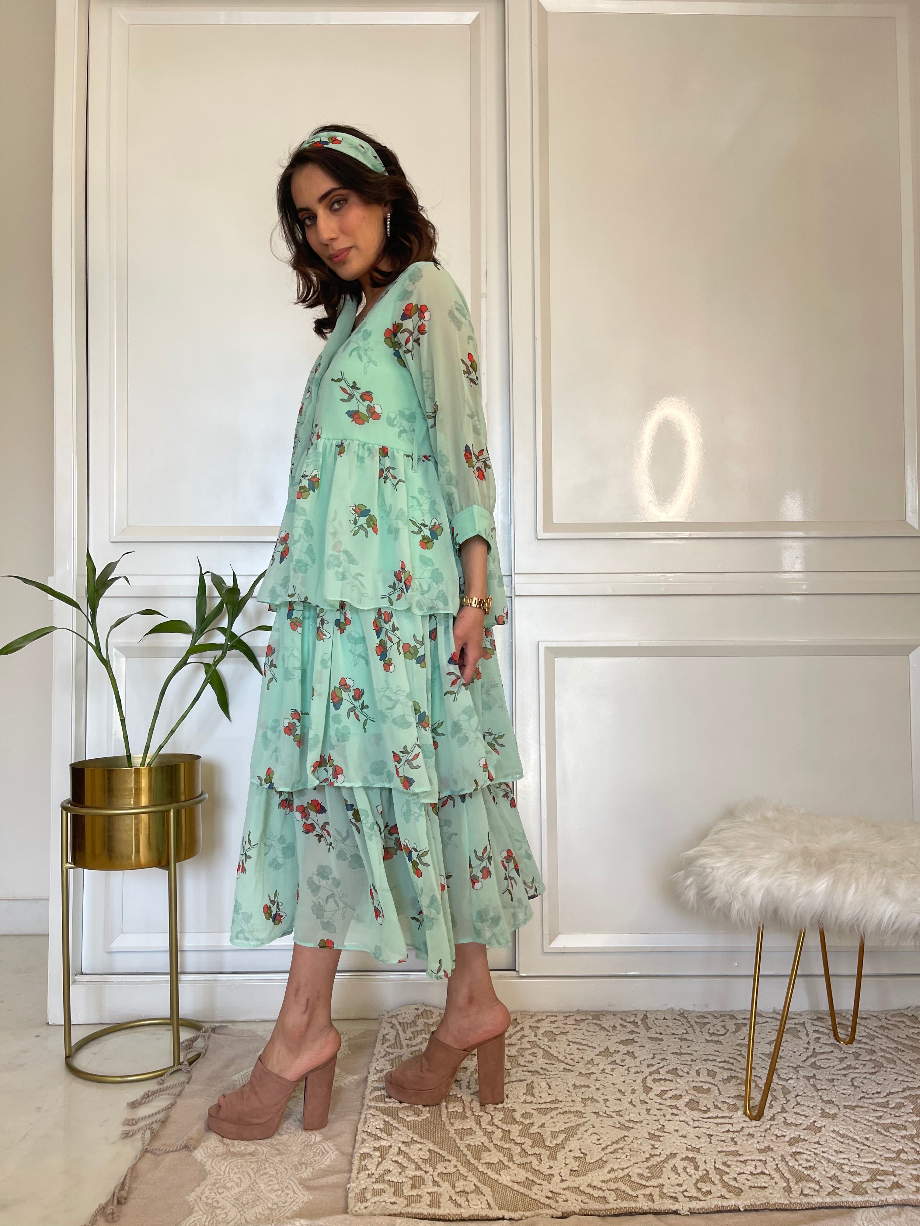 Green Ruffle Flared Maxi Dress