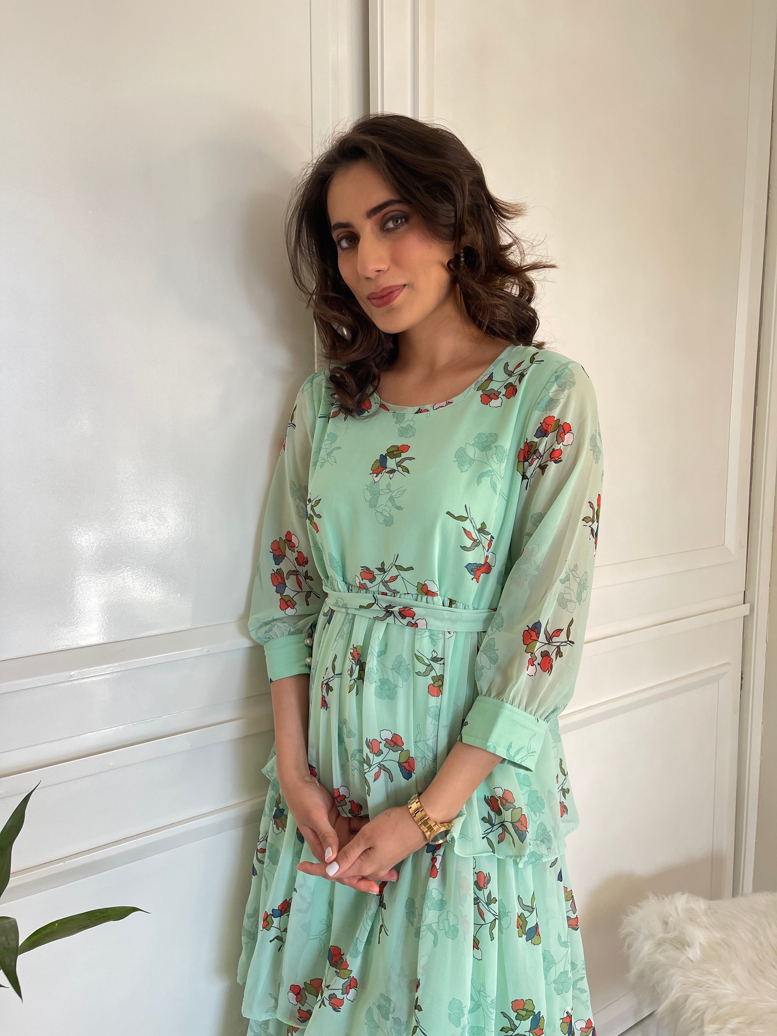 Green Ruffle Flared Maxi Dress