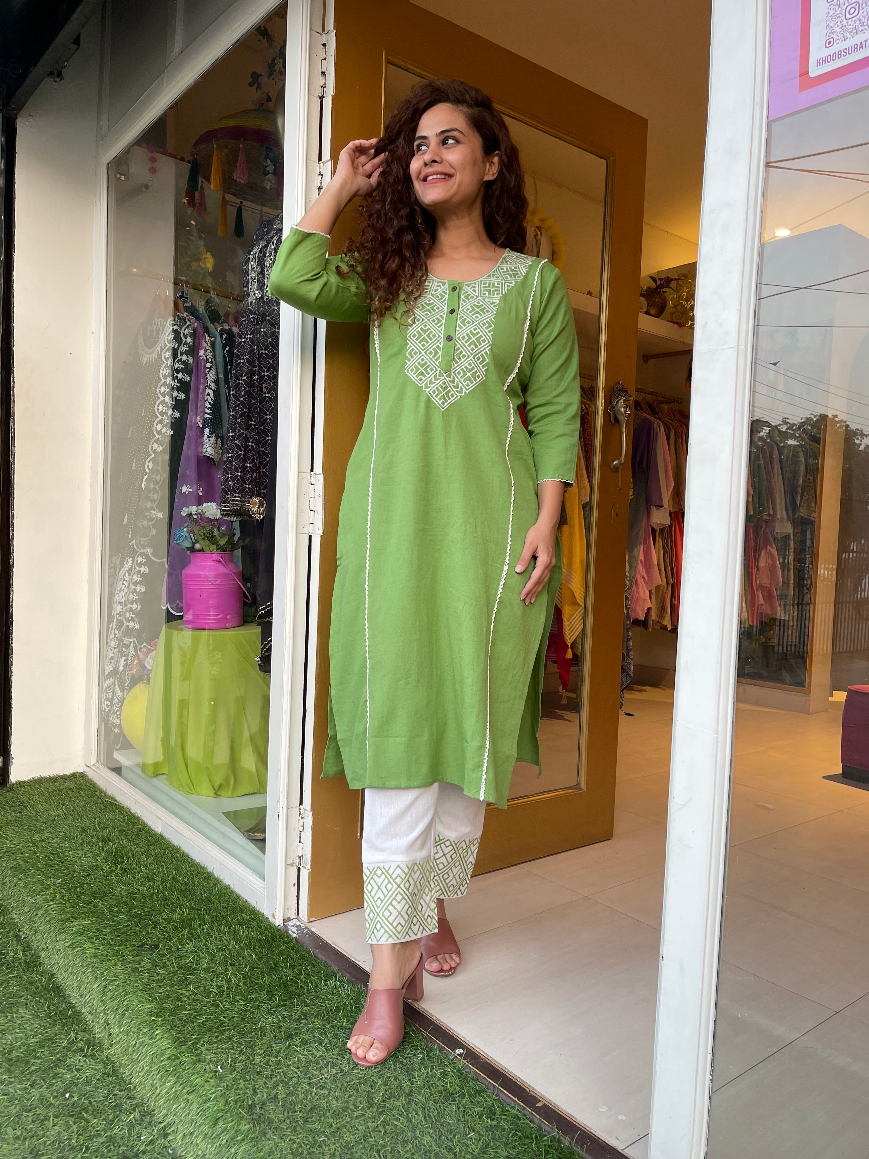 Green Embroidered Kurta Set