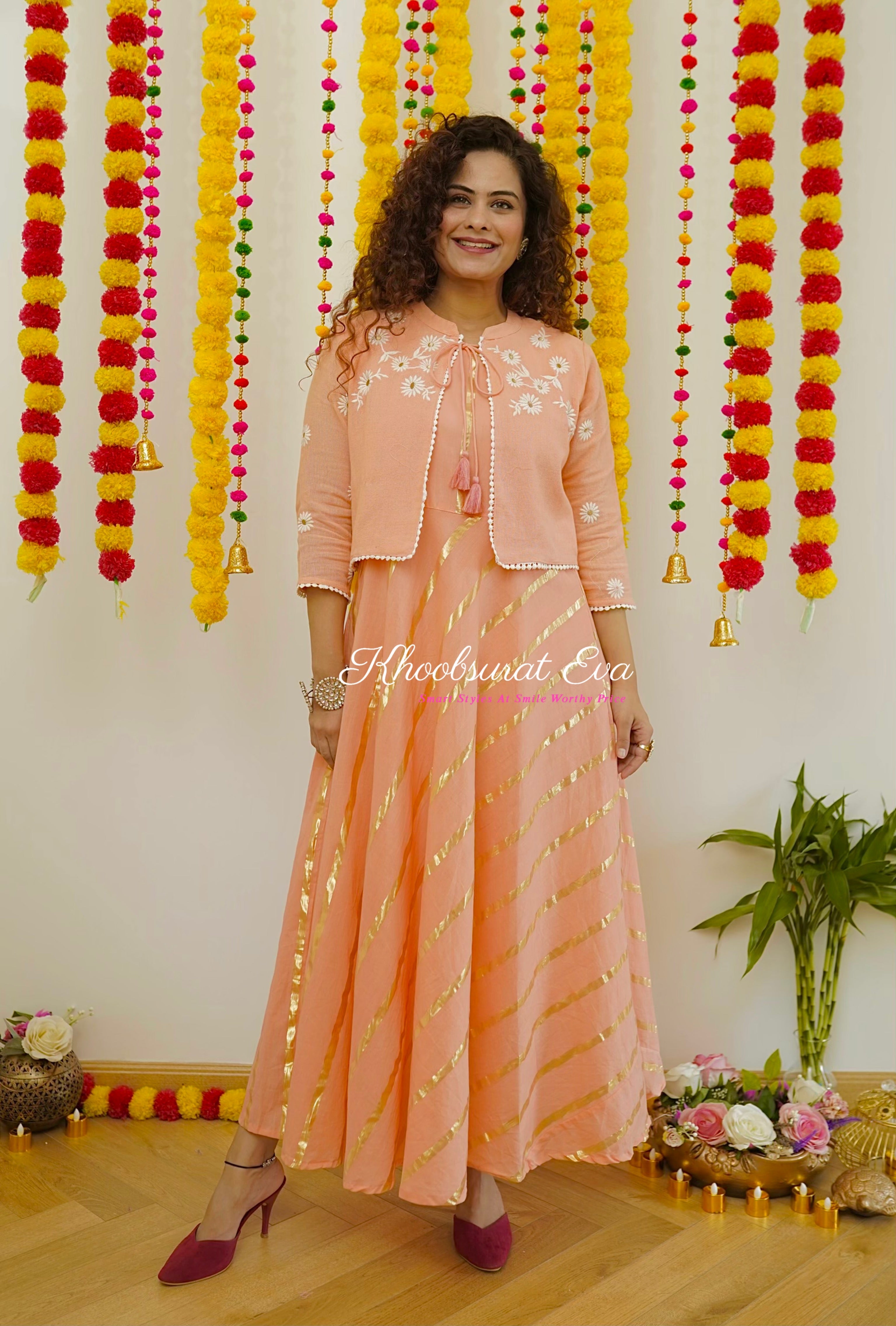 Peach And White Embroidered Jacket And Maxi Dress (Set Of 2)