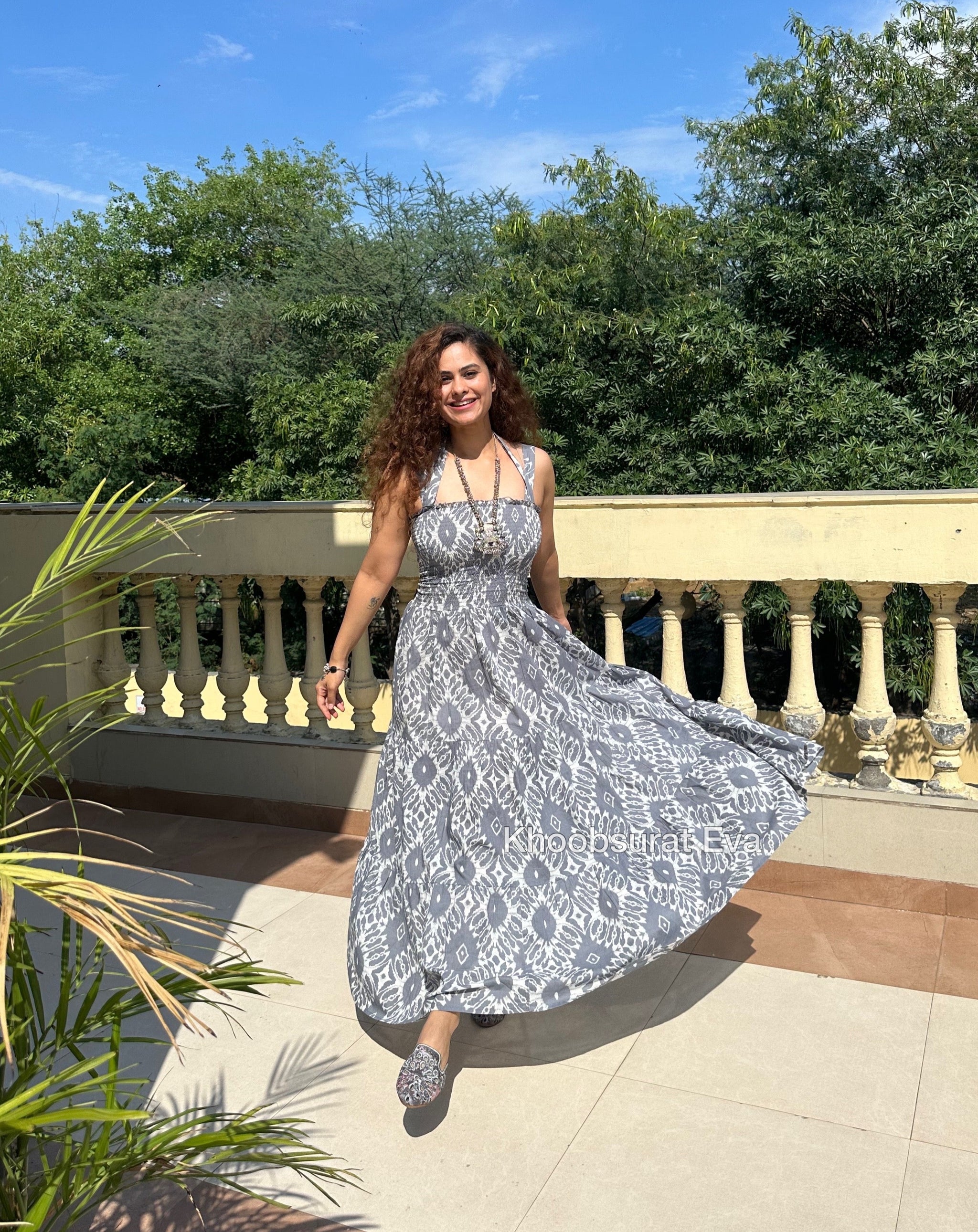 Women Grey Net Embellished Detail Maxi Dress