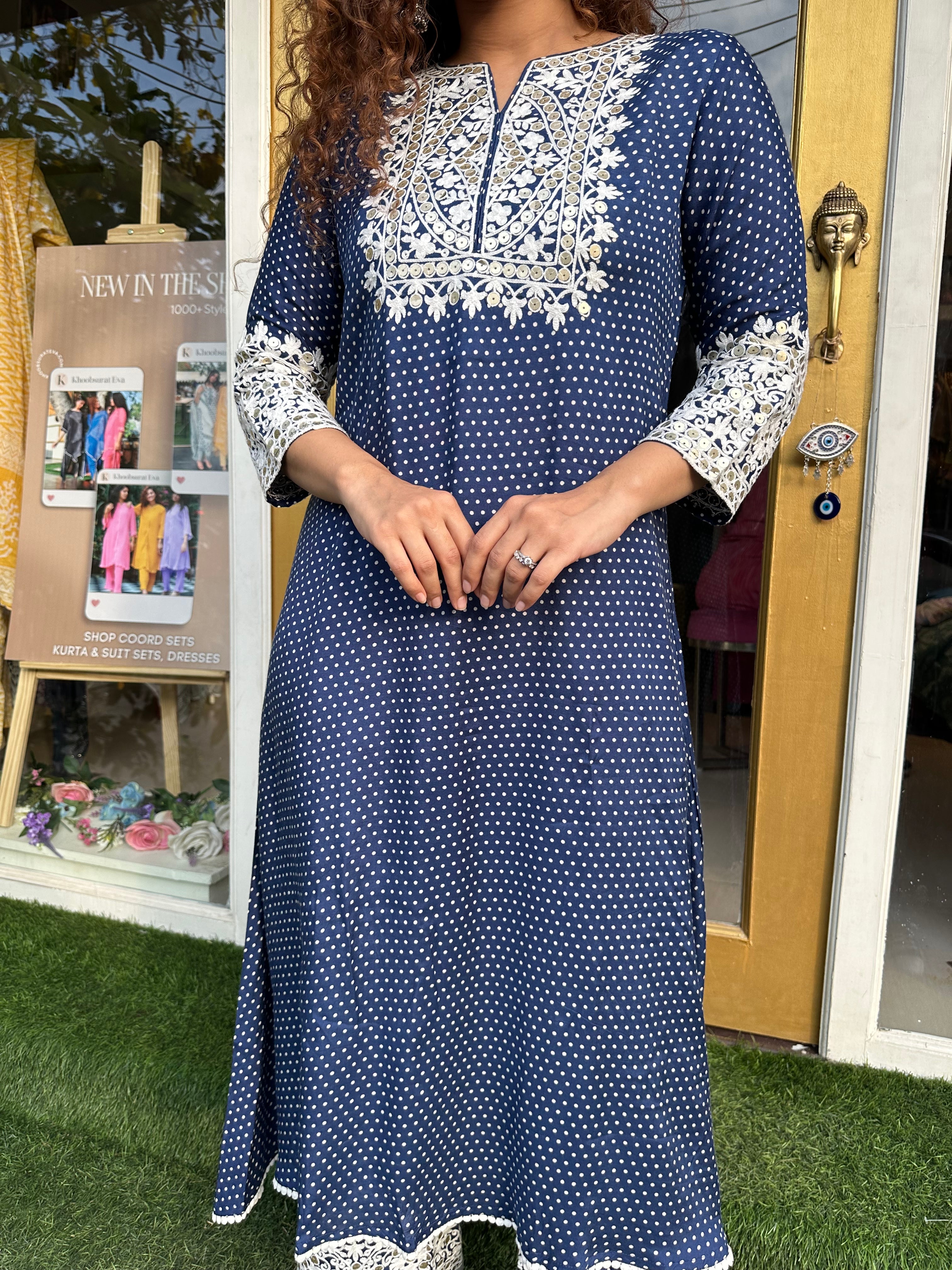 Navy Blue Embroidered Muslin Silk Kurta Set