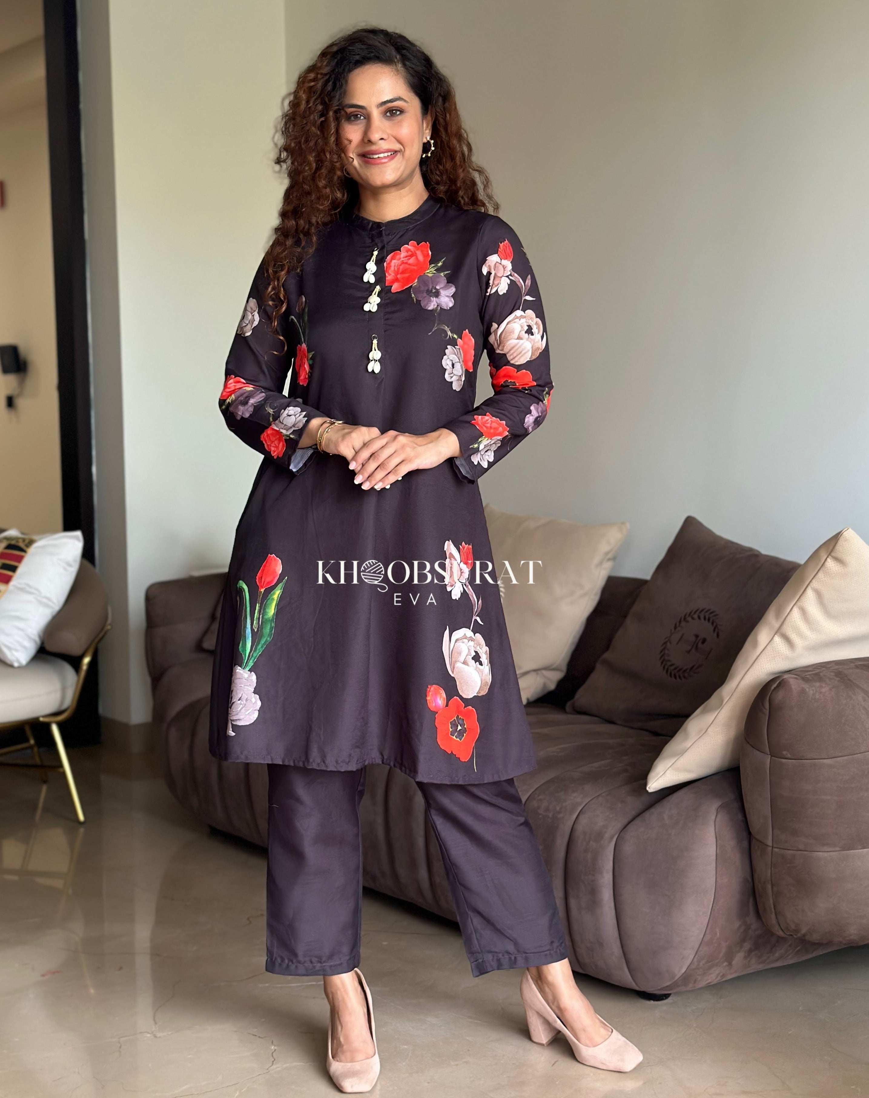 Black Hand Painted Kurta With Pant