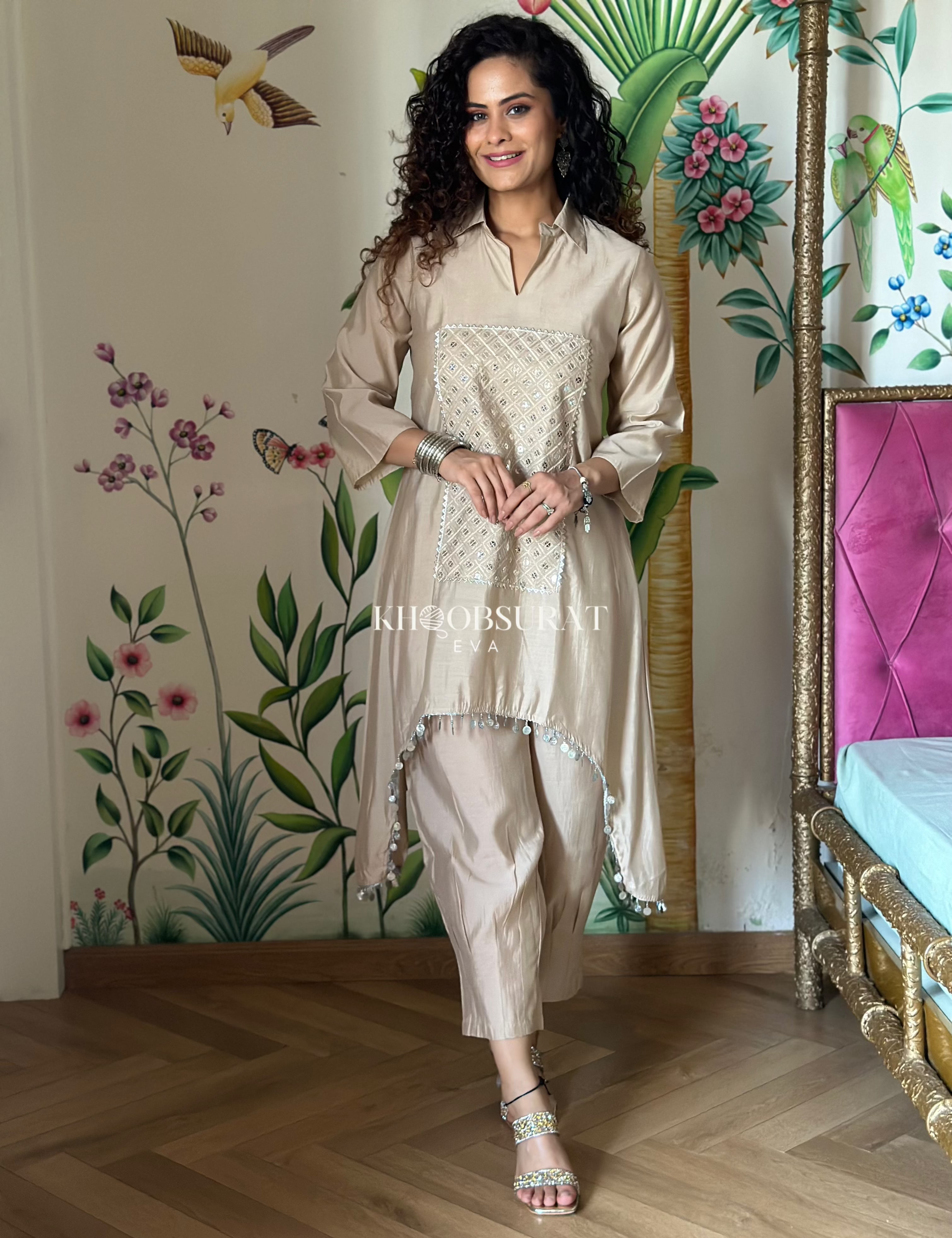 Bonjour Begum Beige Sequin Kurta Set