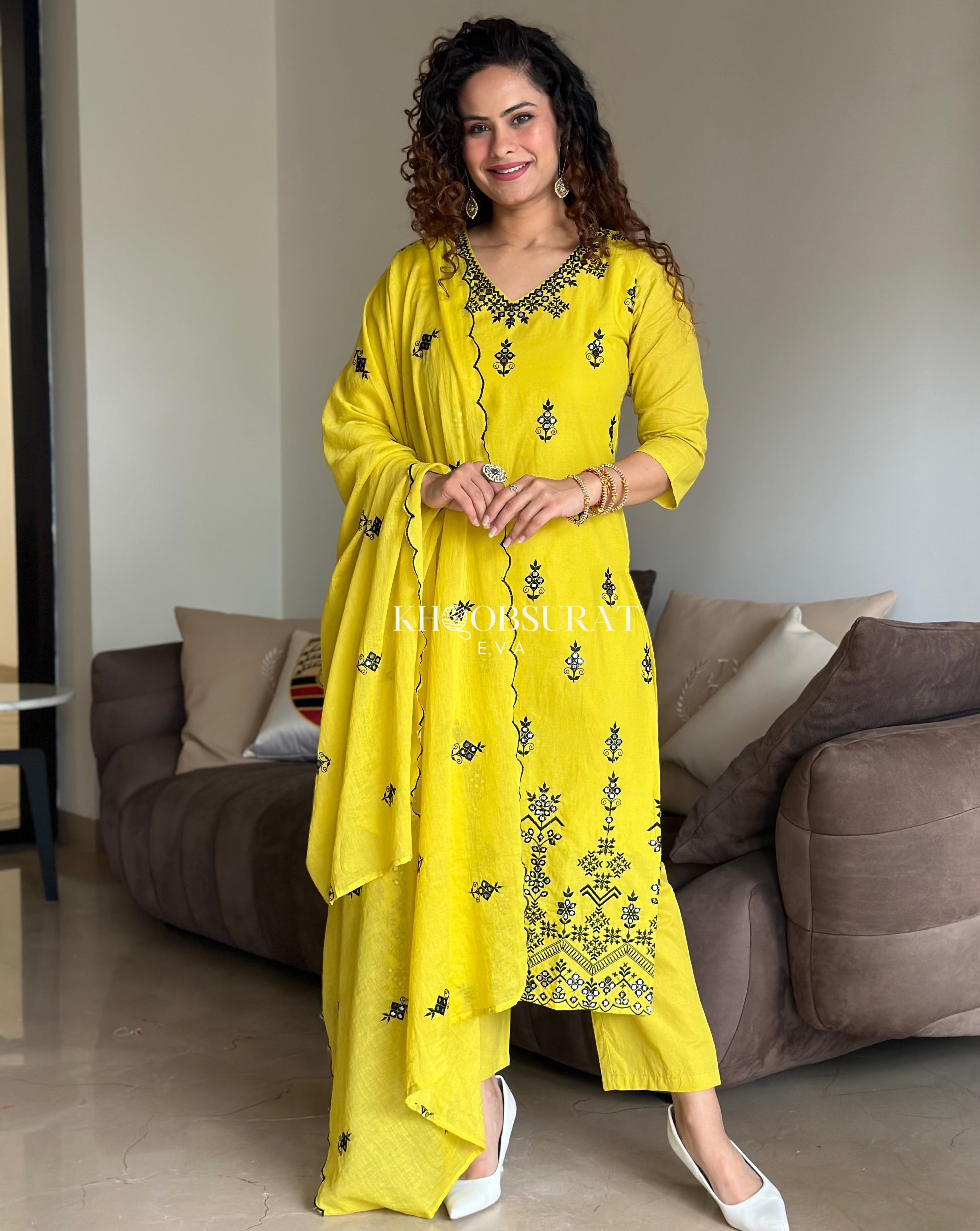 Biba Yellow Kurta Suit Sets For Woman