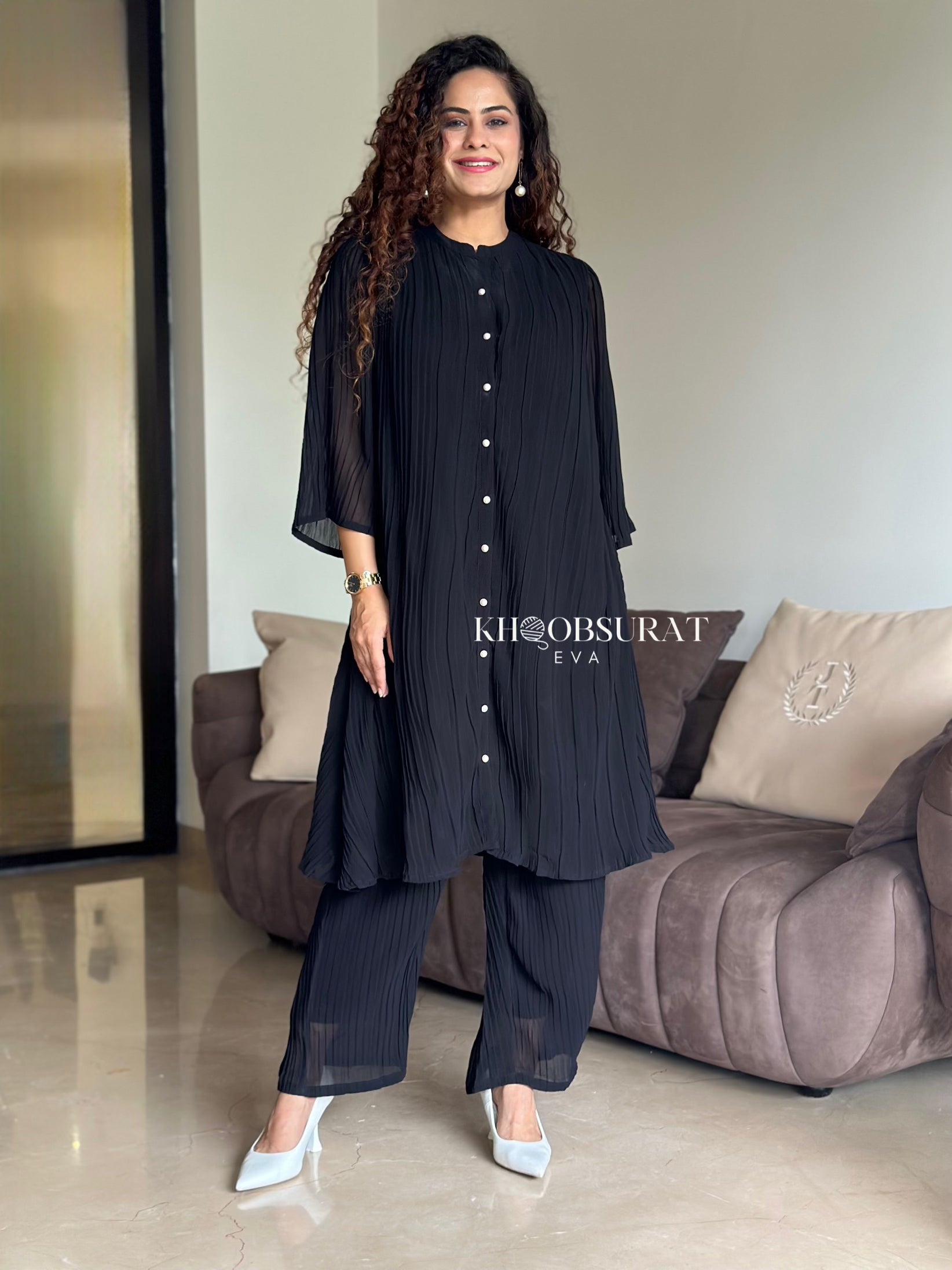 Pearl On-Black Chiffon Co-Ordinate Set