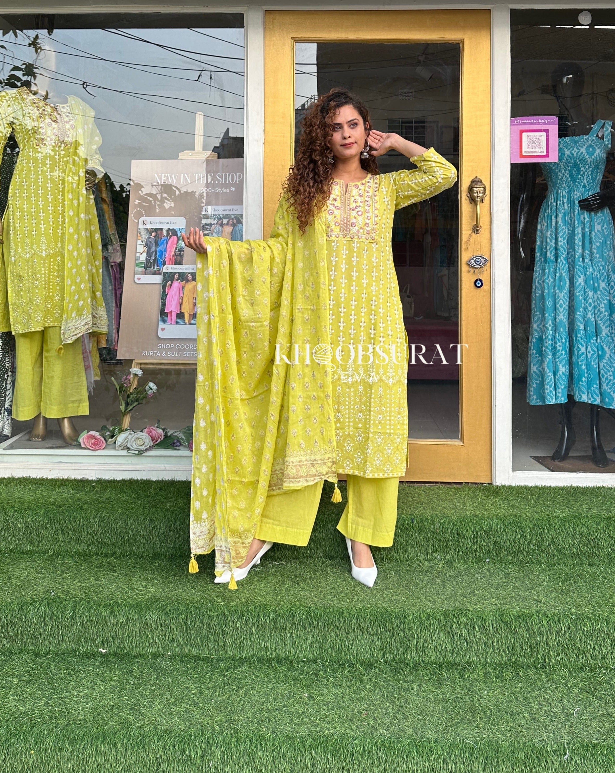 FREYA YELLOW EMBROIDERY KURTA SUIT SET 