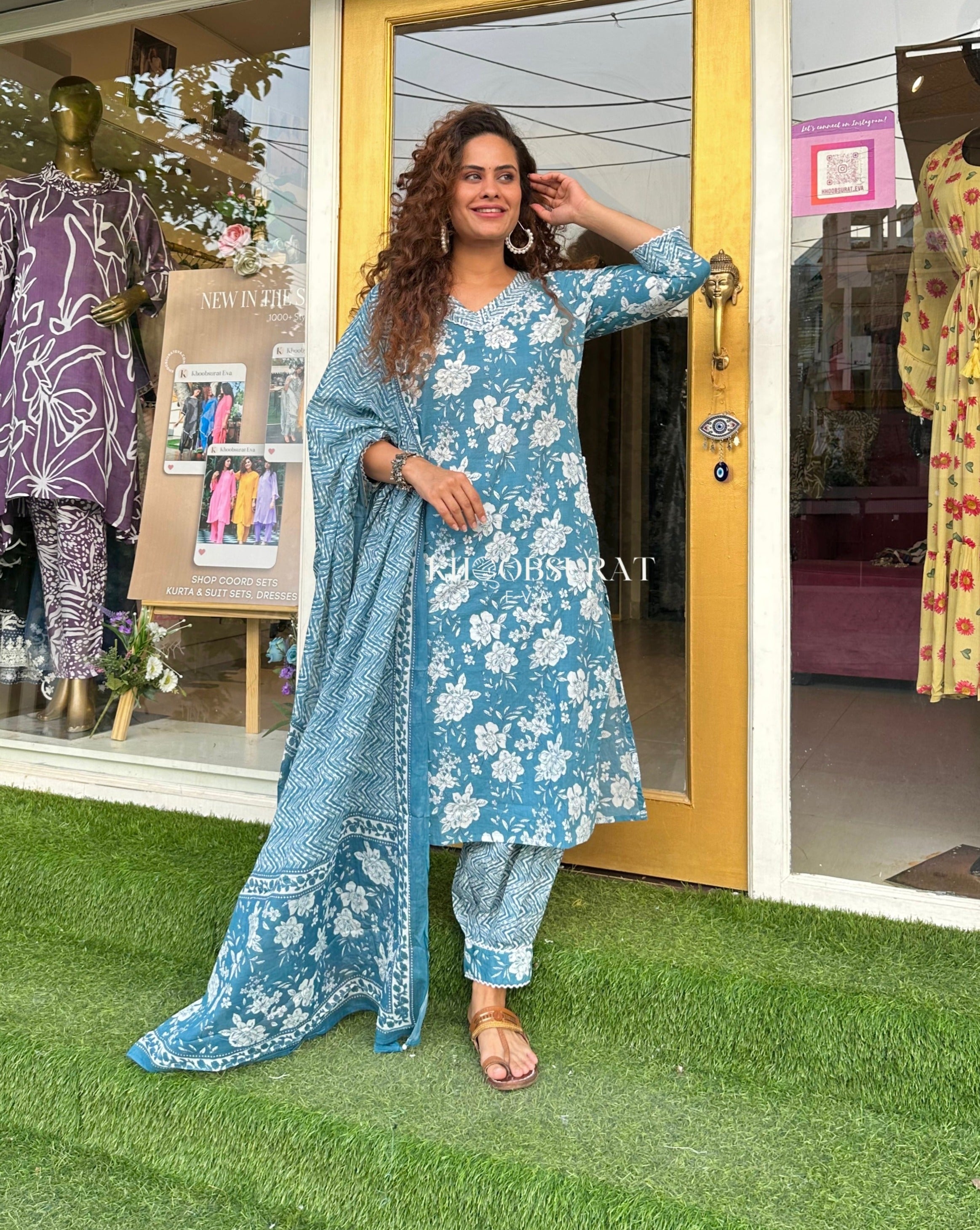 Blue Kurti with Afghani Pants and Dupatta Set