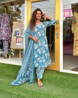 Swara Blue Cotton Dupatta Suit Set