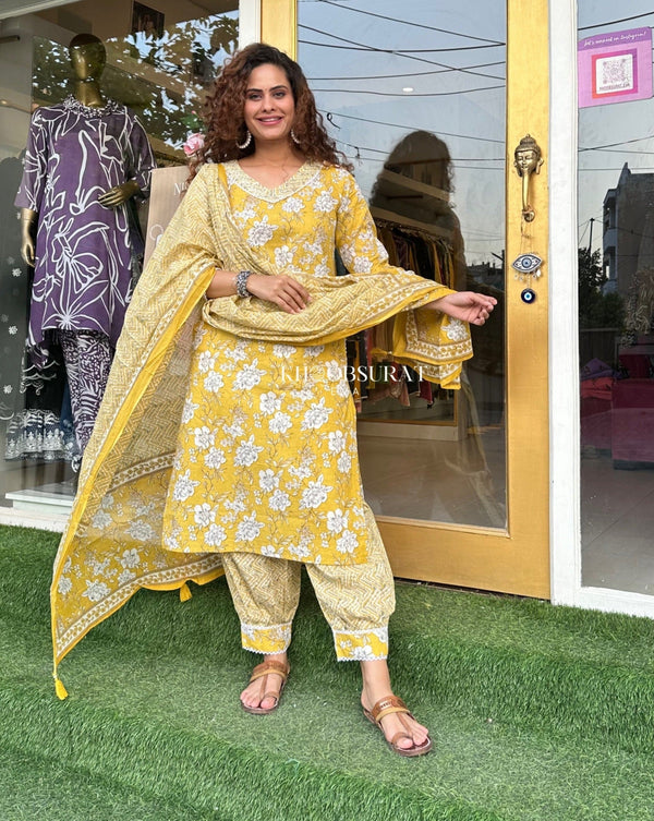 Yellow Kurti with Afghani Pants and Dupatta Set