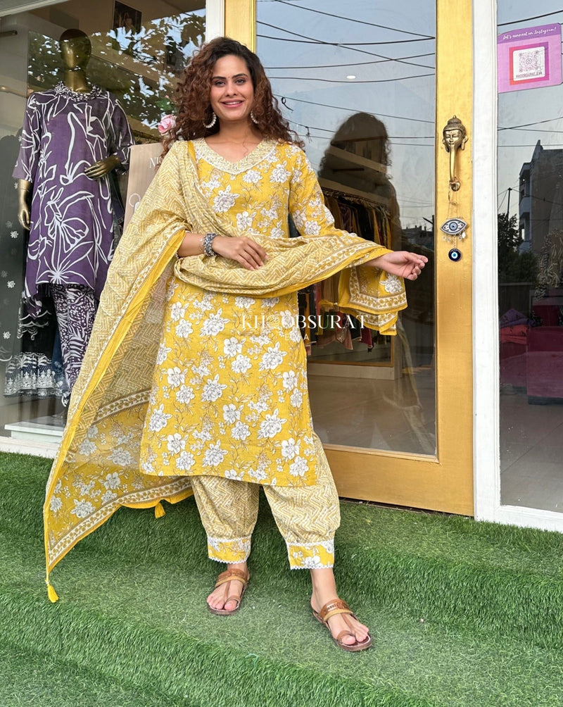 Yellow Kurti with Afghani Pants and Dupatta Set