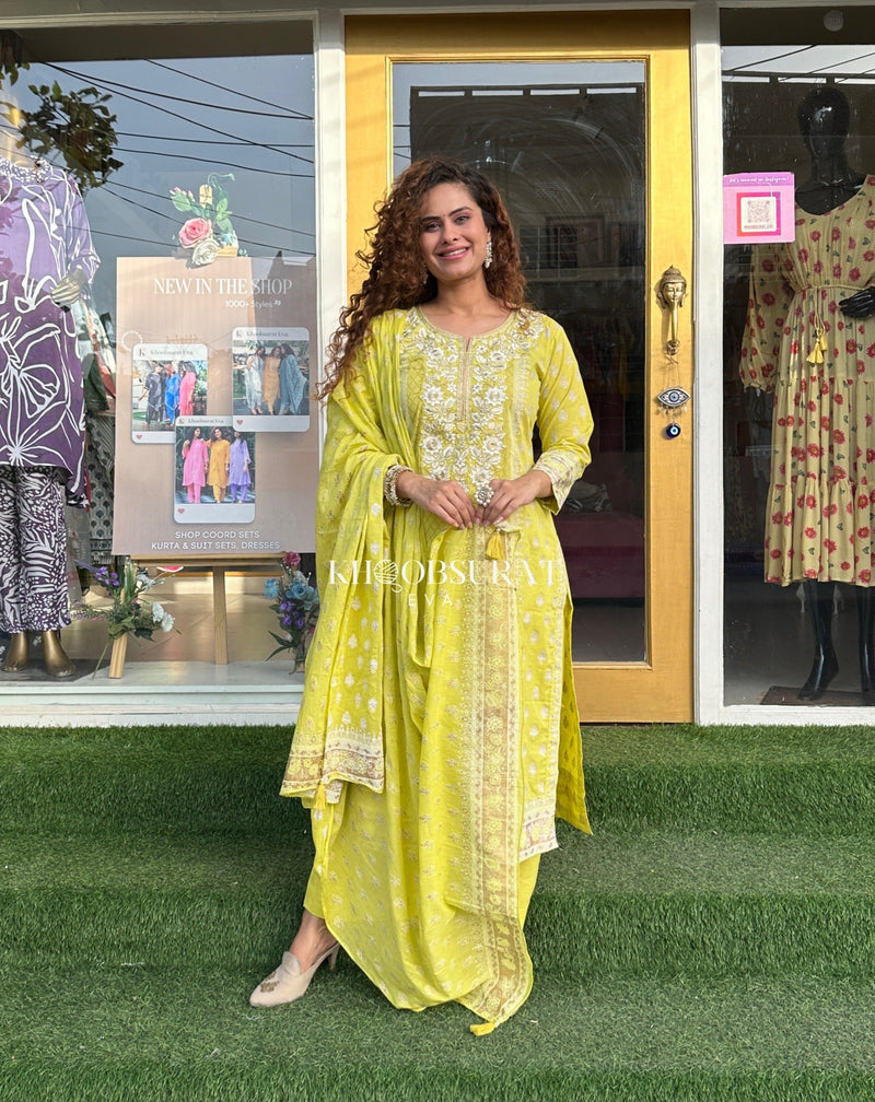 YELLOW COTTON SUIT WITH EMBROIDERY 