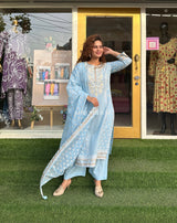 BLUE COTTON SUIT WITH EMBROIDERY
